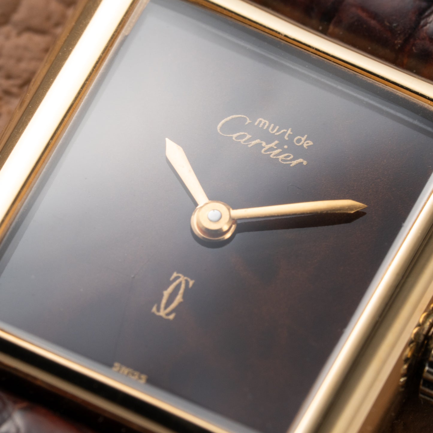 Cartier Tank Must de Vermeil ‘Turtle Shell’ Brown Wood Dial PM from 1980s