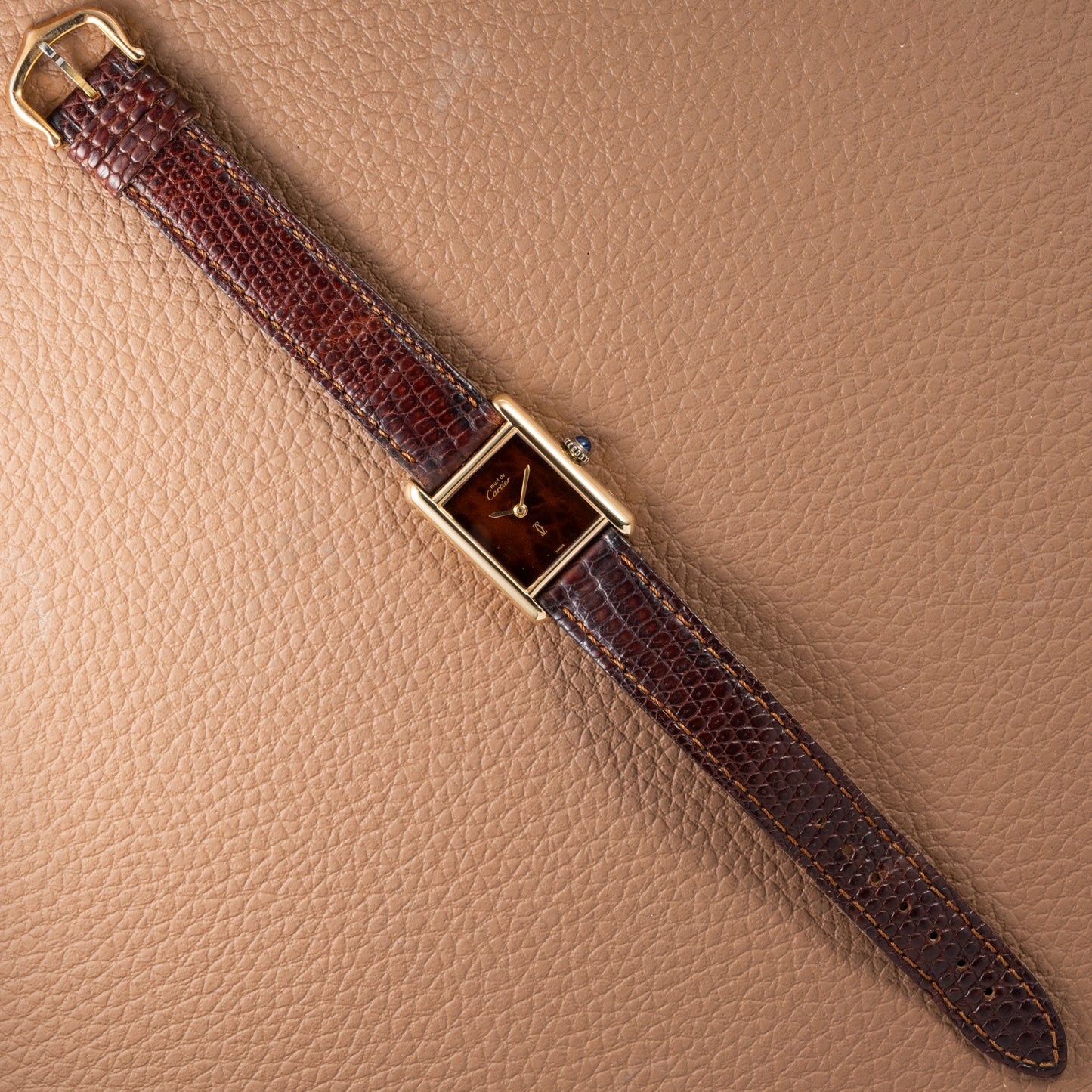 Cartier Tank Must de Vermeil ‘Turtle Shell’ Brown Wood Dial PM from 1980s
