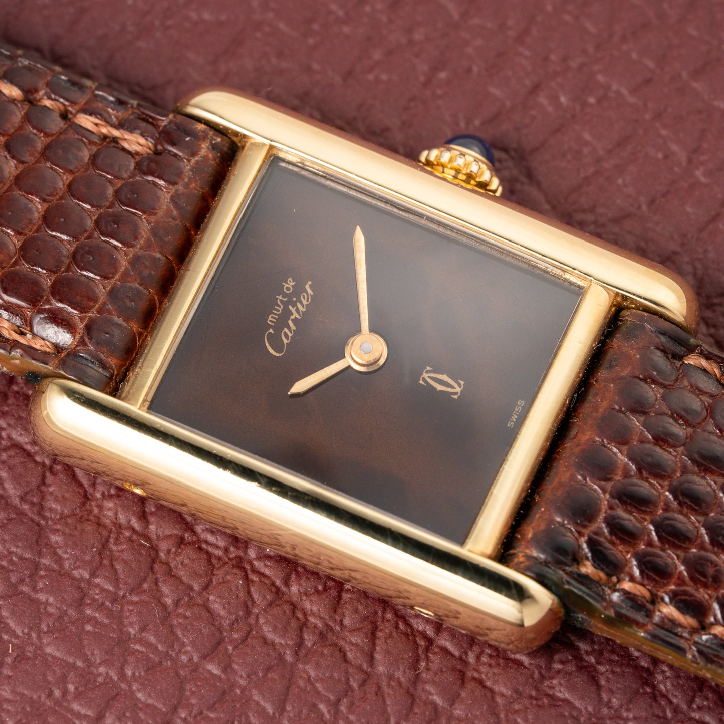 Cartier Tank Must de Vermeil ‘Turtle Shell’ Brown Wood Dial PM from 1980s