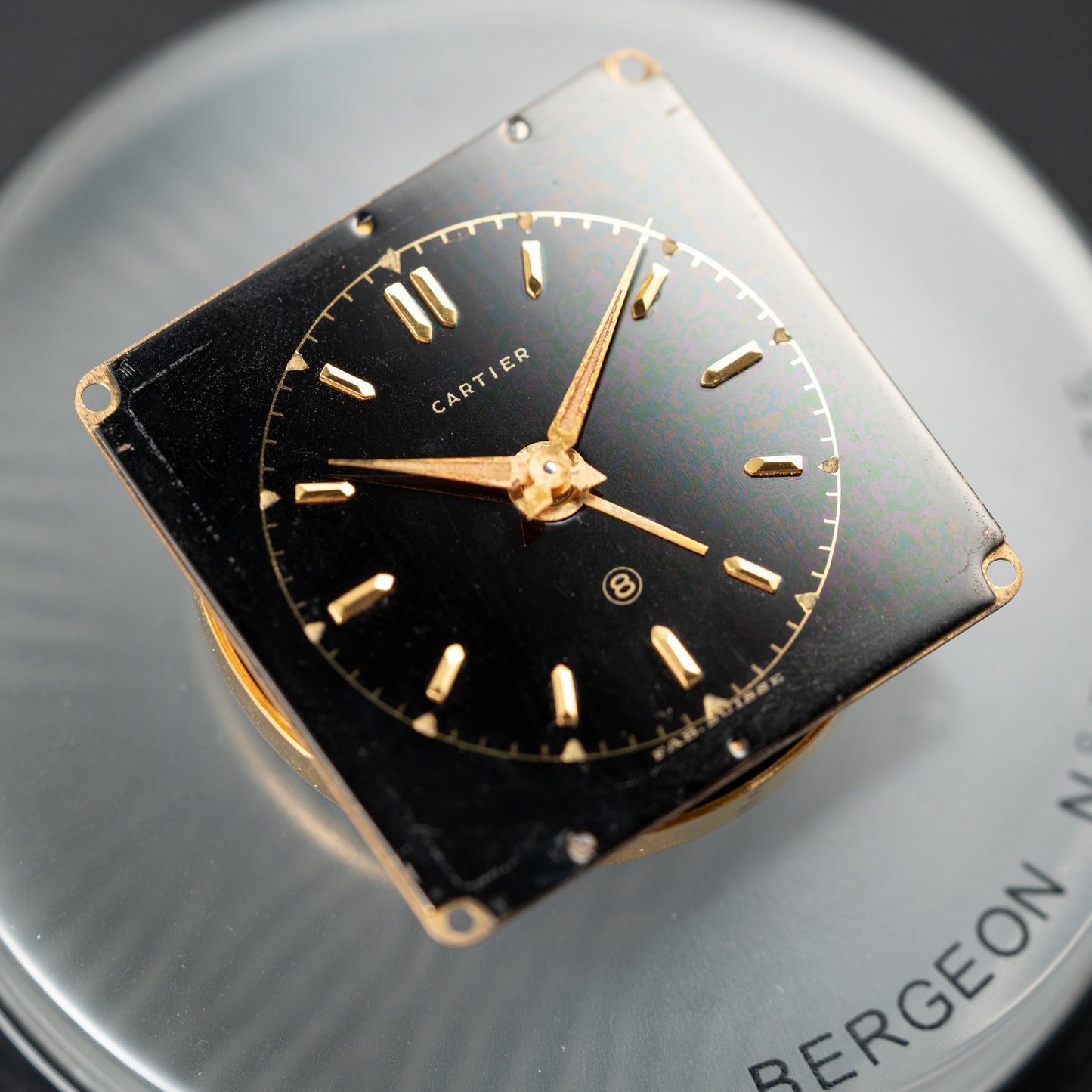 Cartier Travel Alarm Clock 8 Day Black Gilt Dial by Angelus