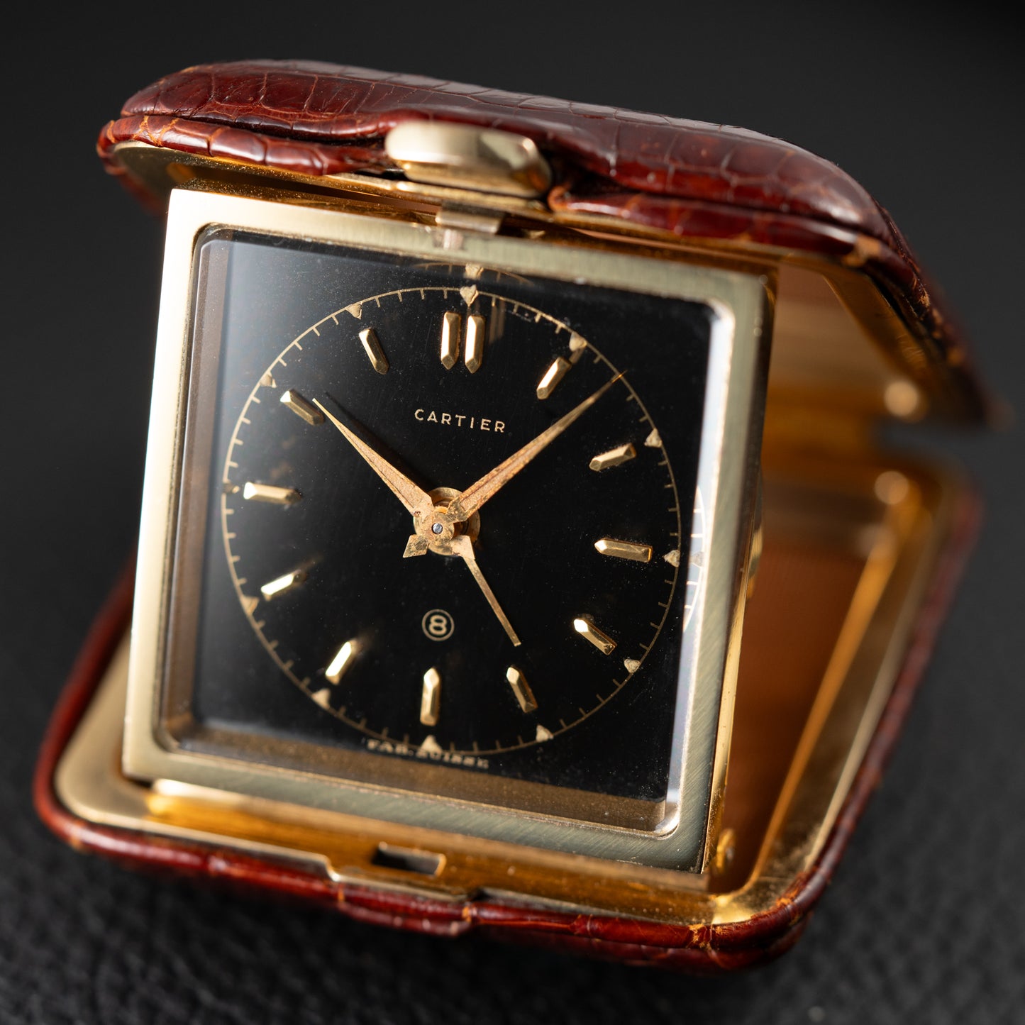 Cartier Travel Alarm Clock 8 Day Black Gilt Dial by Angelus