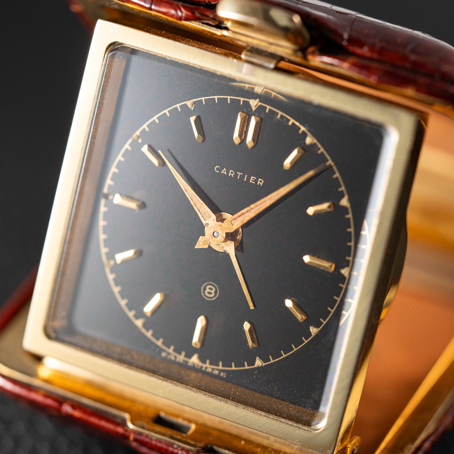 Cartier Travel Alarm Clock 8 Day Black Gilt Dial by Angelus
