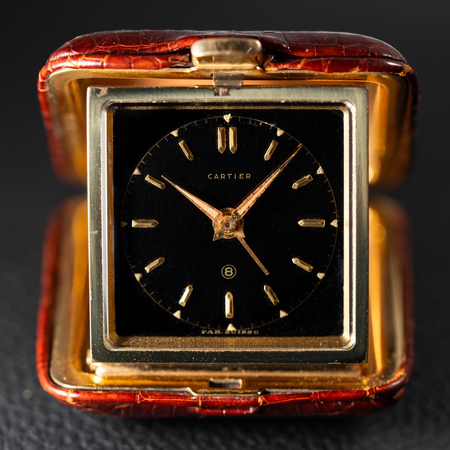 Cartier Travel Alarm Clock 8 Day Black Gilt Dial by Angelus