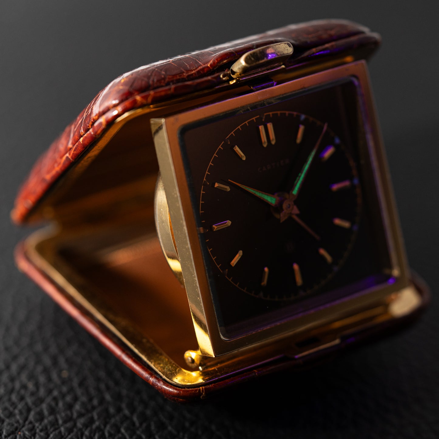 Cartier Travel Alarm Clock 8 Day Black Gilt Dial by Angelus