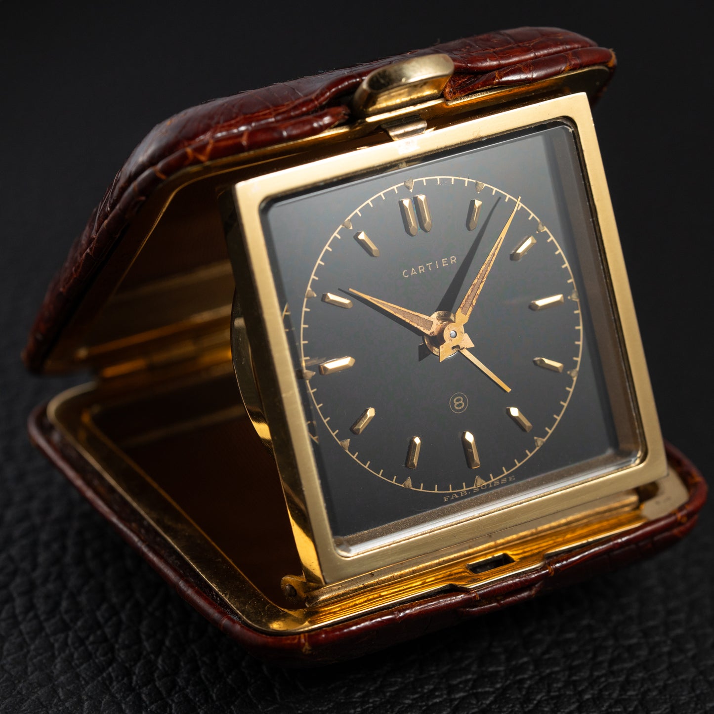 Cartier Travel Alarm Clock 8 Day Black Gilt Dial by Angelus