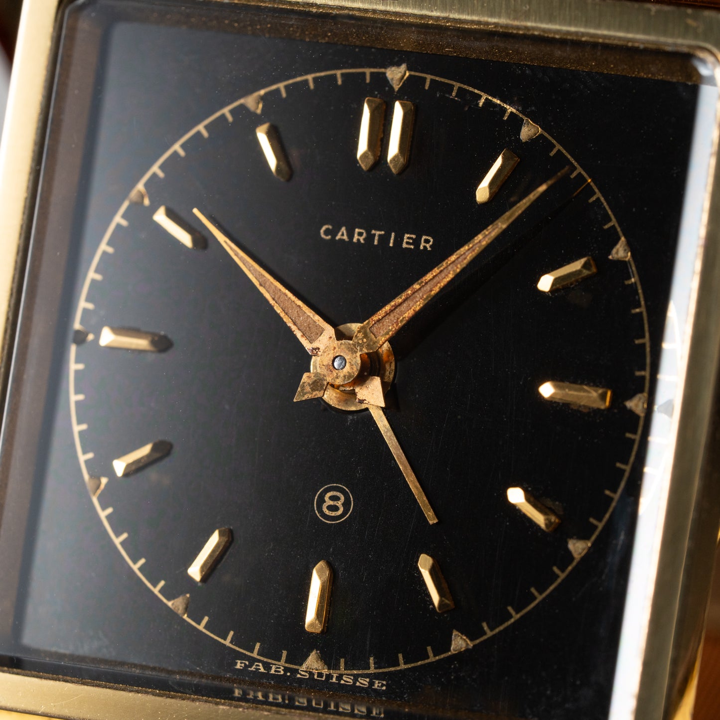 Cartier Travel Alarm Clock 8 Day Black Gilt Dial by Angelus