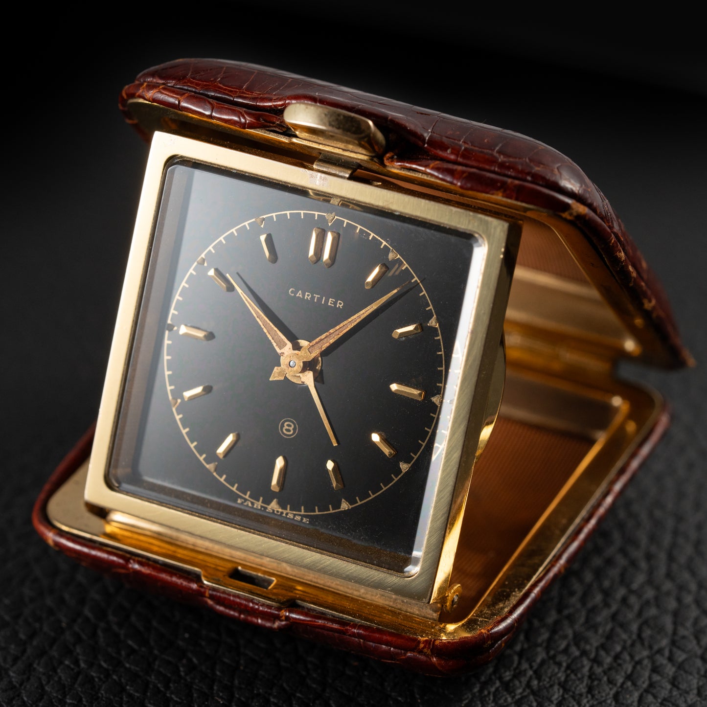 Cartier Travel Alarm Clock 8 Day Black Gilt Dial by Angelus