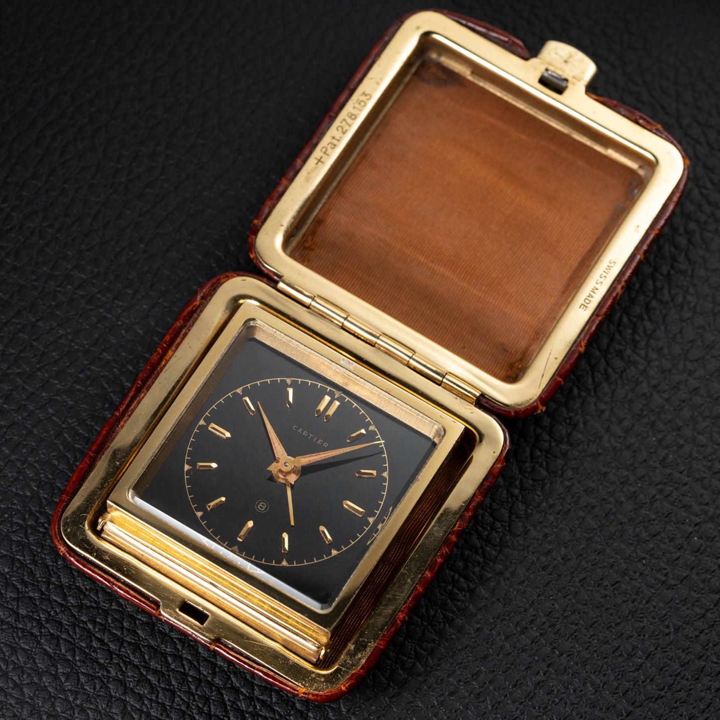 Cartier Travel Alarm Clock 8 Day Black Gilt Dial by Angelus