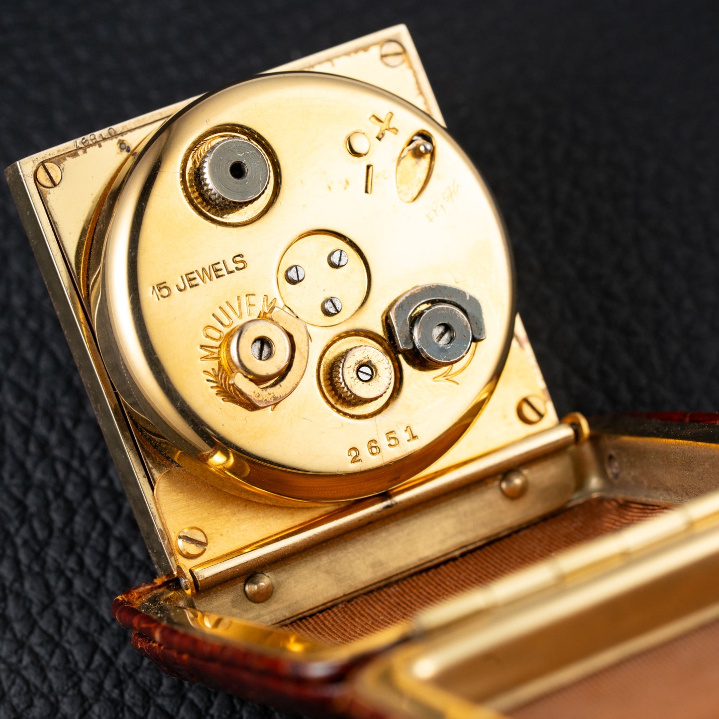Cartier Travel Alarm Clock 8 Day Black Gilt Dial by Angelus