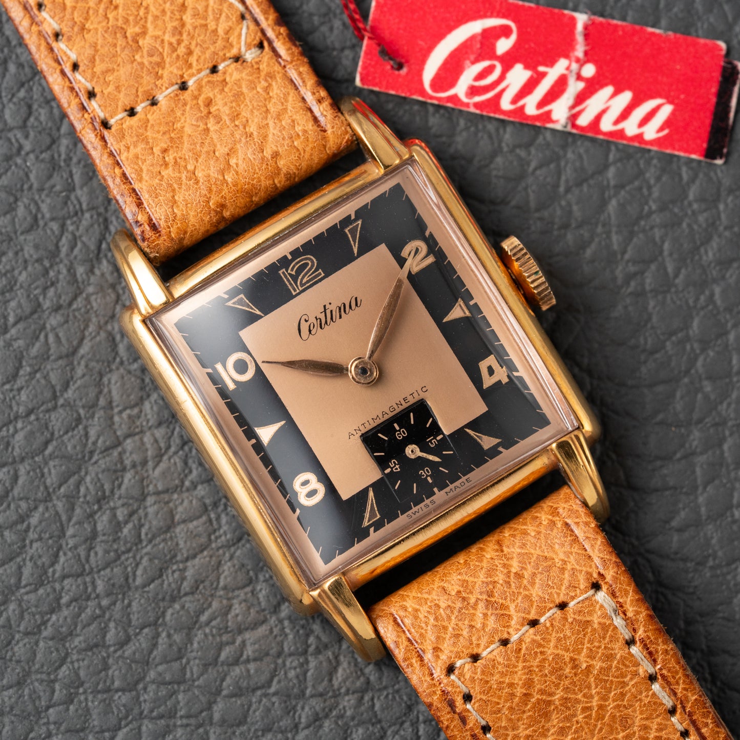 Certina NOS Square Two Tone Black & Salmon Dial 1940/50s