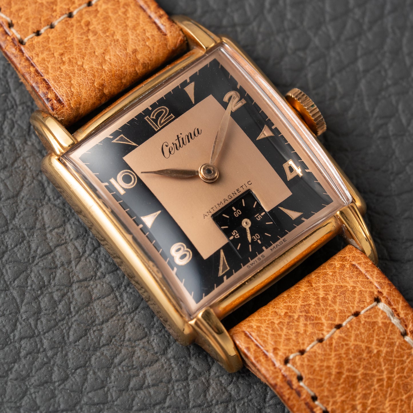 Certina NOS Square Two Tone Black & Salmon Dial 1940/50s