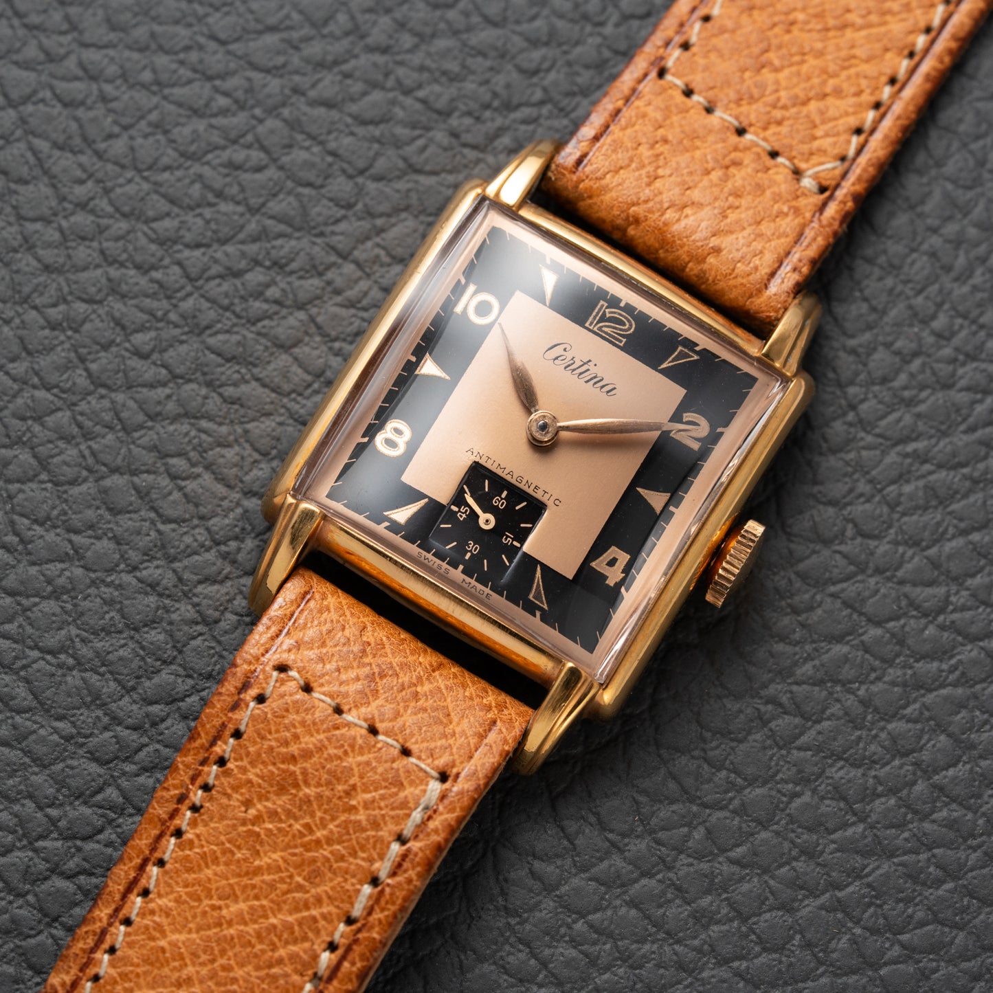 Certina NOS Square Two Tone Black & Salmon Dial 1940/50s