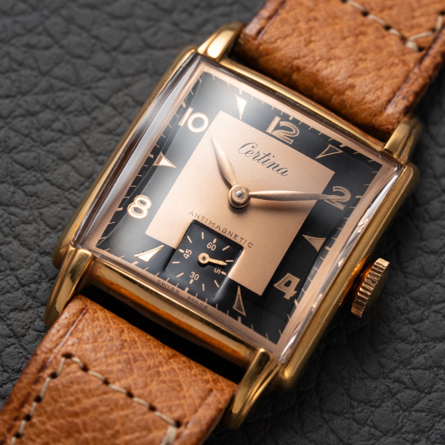 Certina NOS Square Two Tone Black & Salmon Dial 1940/50s
