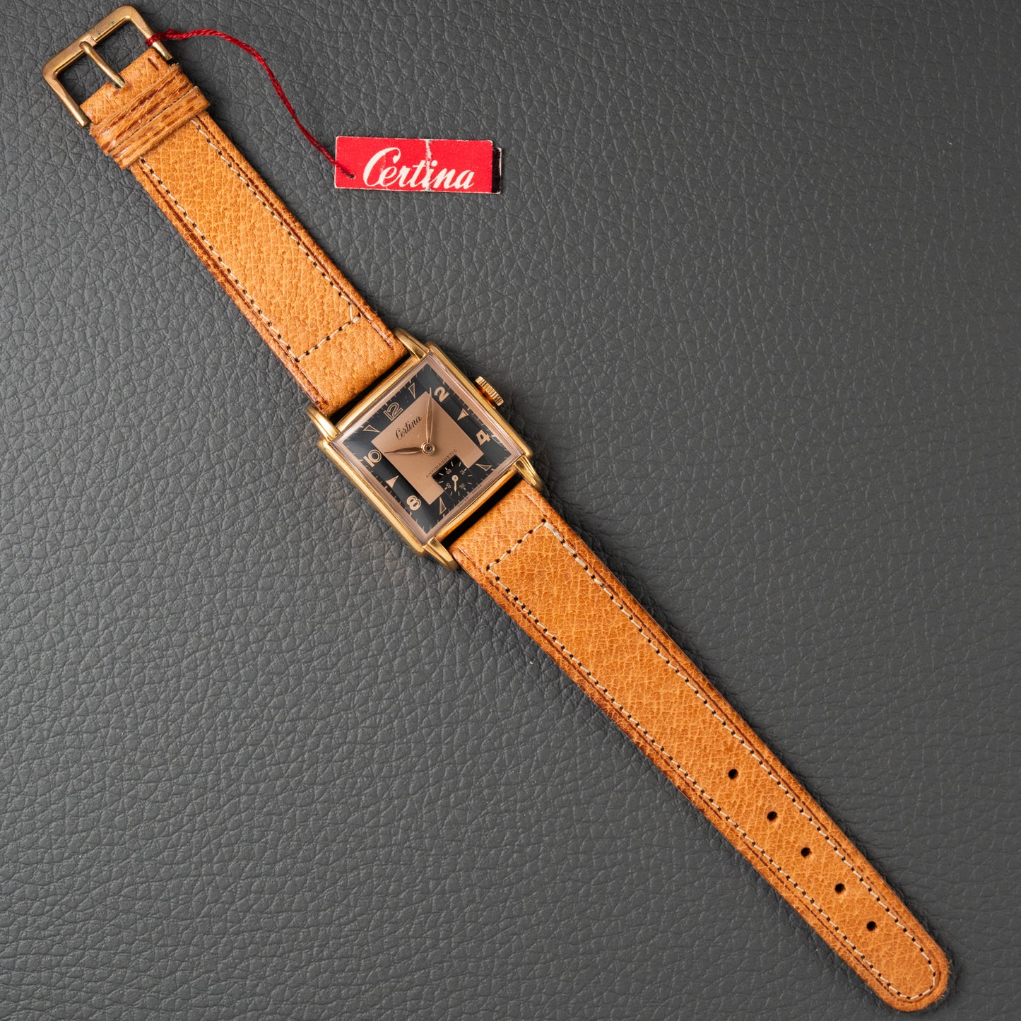 Certina NOS Square Two Tone Black & Salmon Dial 1940/50s