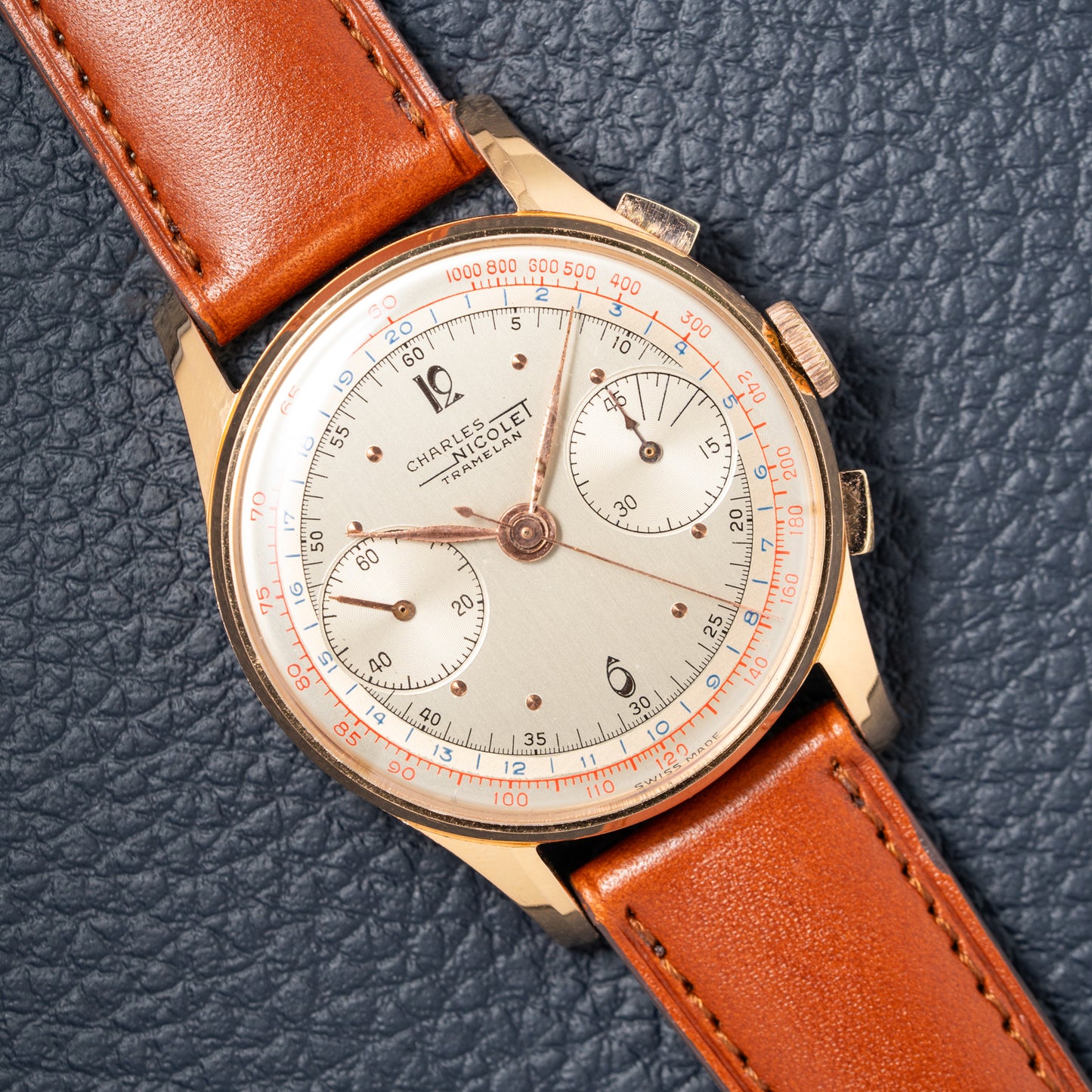 Charles Nicolet Tramelan Chronograph 18k Rare Oversized Column-Wheel Landeron 39 from the 1940s