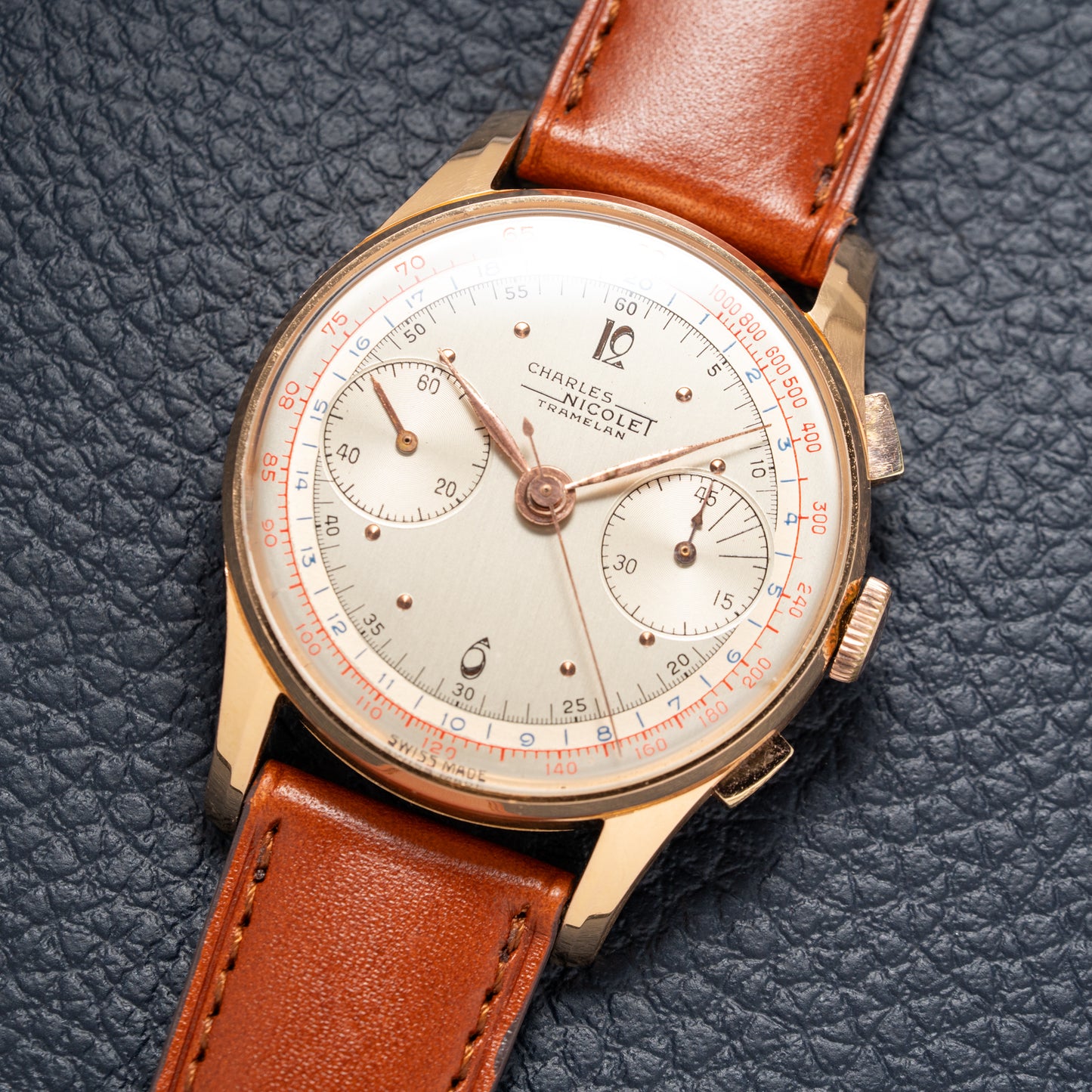 Charles Nicolet Tramelan Chronograph 18k Rare Oversized Column-Wheel Landeron 39 from the 1940s