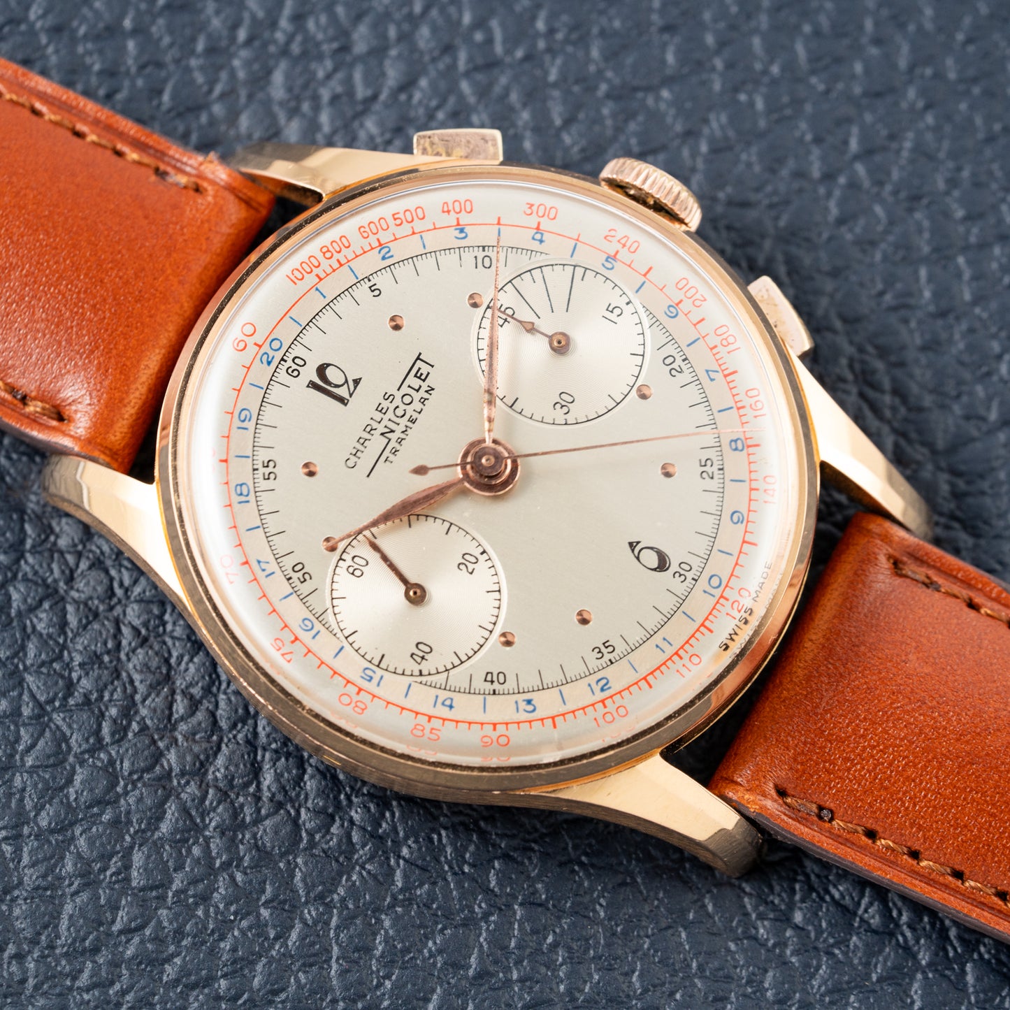 Charles Nicolet Tramelan Chronograph 18k Rare Oversized Column-Wheel Landeron 39 from the 1940s