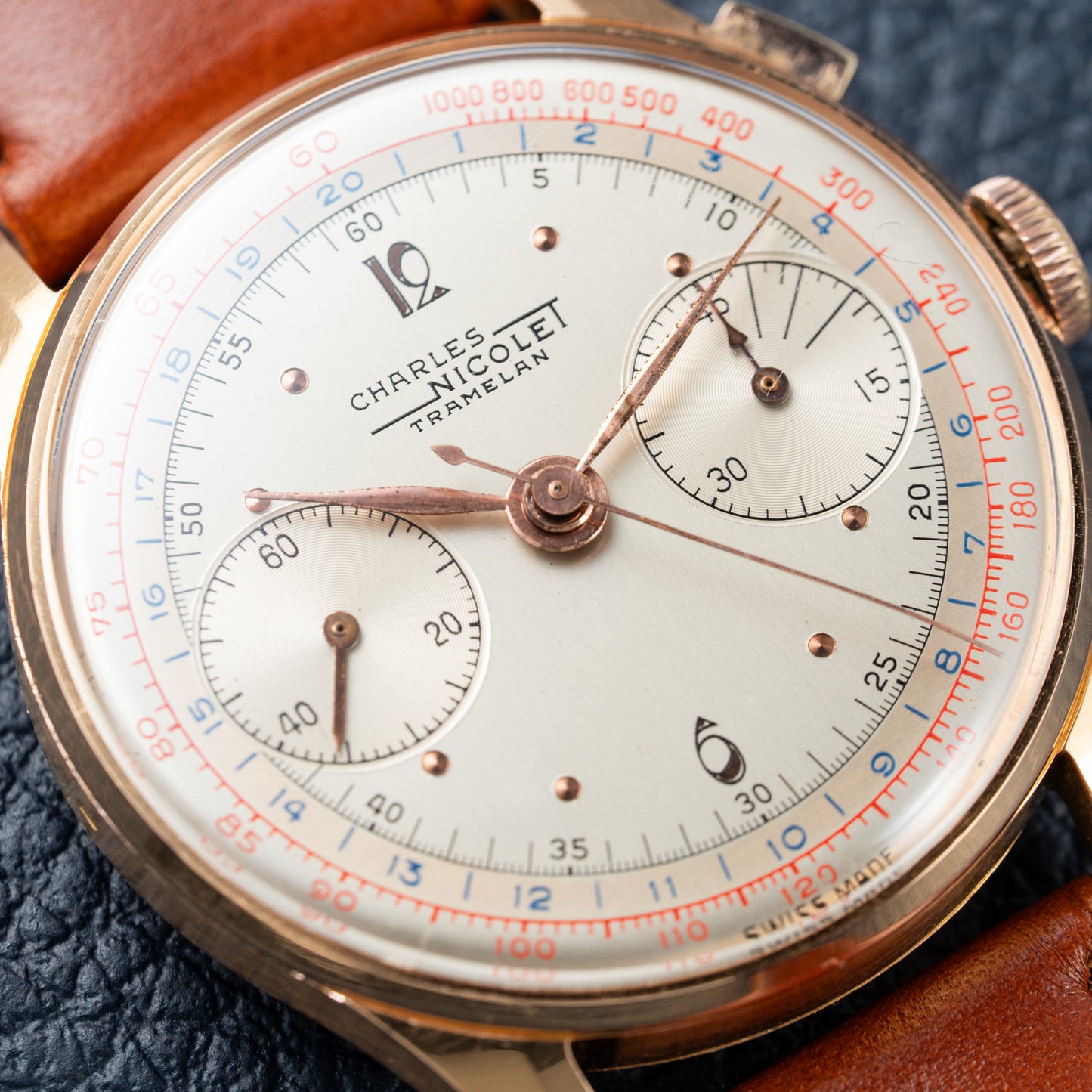 Charles Nicolet Tramelan Chronograph 18k Rare Oversized Column-Wheel Landeron 39 from the 1940s