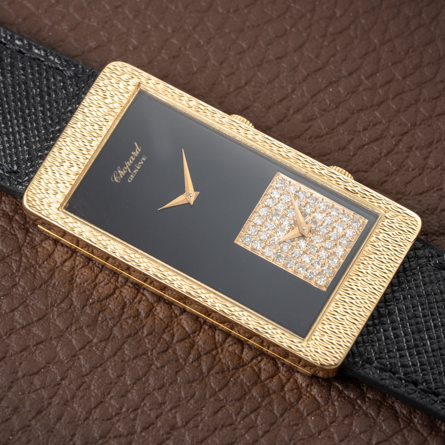 Chopard Dual Time 'Onyx & Diamonds' XL Tank 18K Gold Oversized 1970s