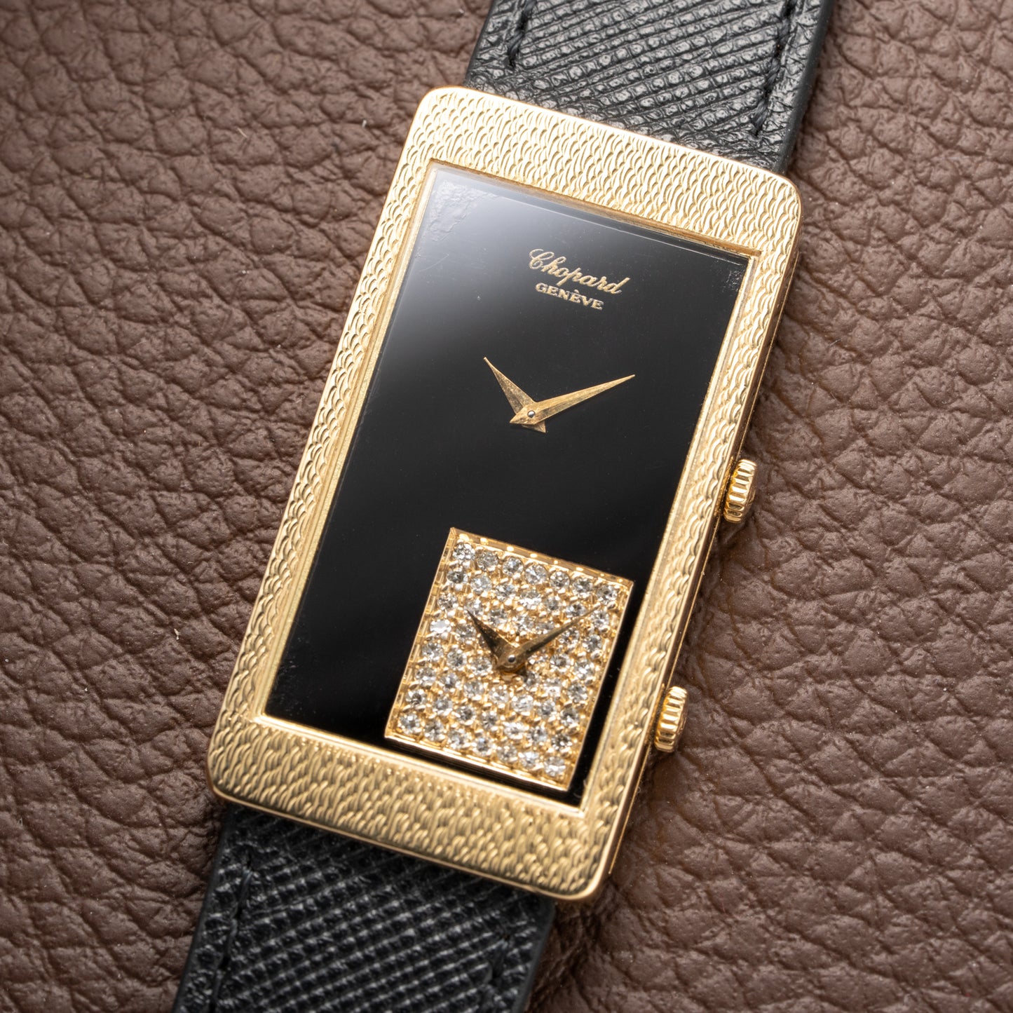 Chopard Dual Time 'Onyx & Diamonds' XL Tank 18K Gold Oversized 1970s