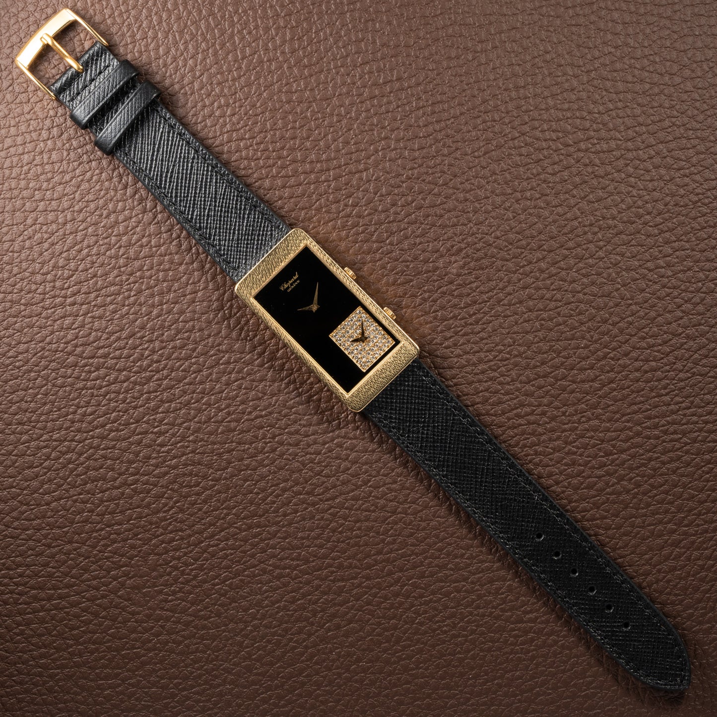 Chopard Dual Time 'Onyx & Diamonds' XL Tank 18K Gold Oversized 1970s