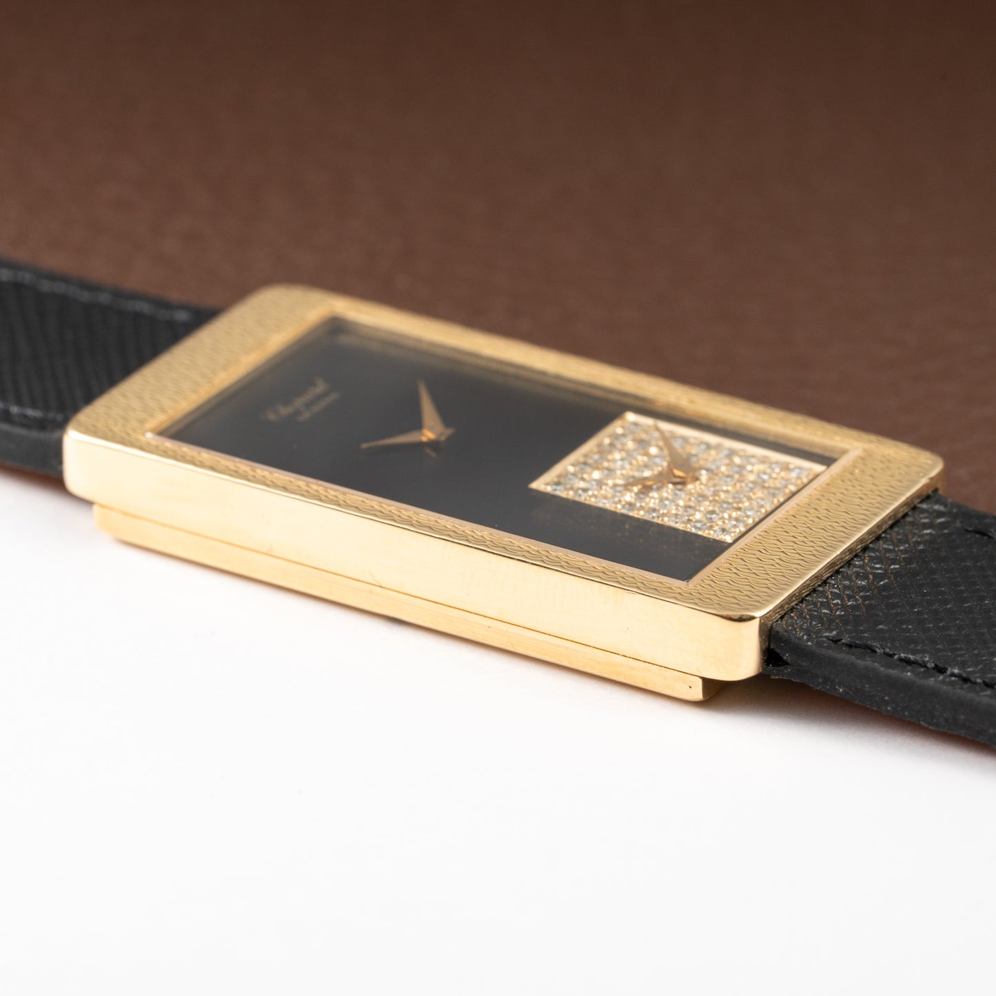Chopard Dual Time 'Onyx & Diamonds' XL Tank 18K Gold Oversized 1970s