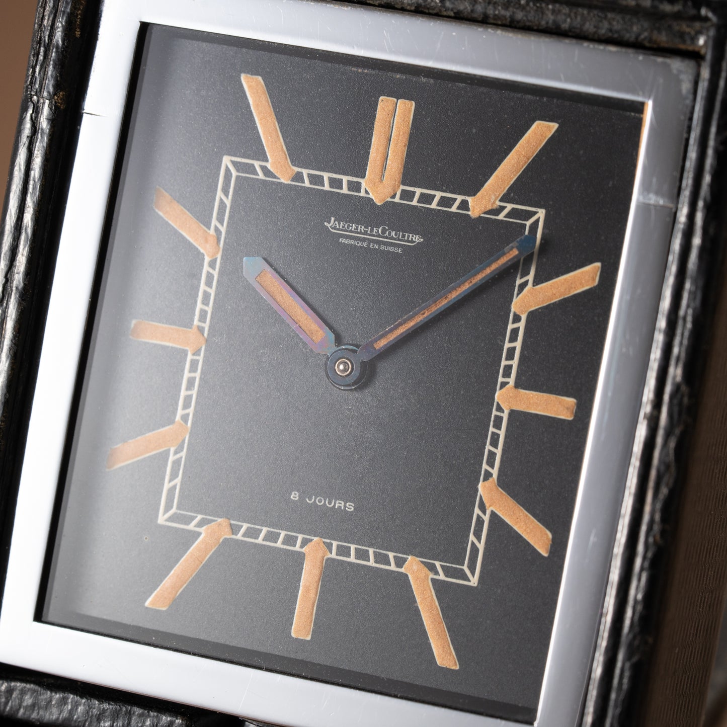 Jaeger LeCoultre Fabriqué en Suisse 8 Jours Travel Clock Black Dial 1940s
