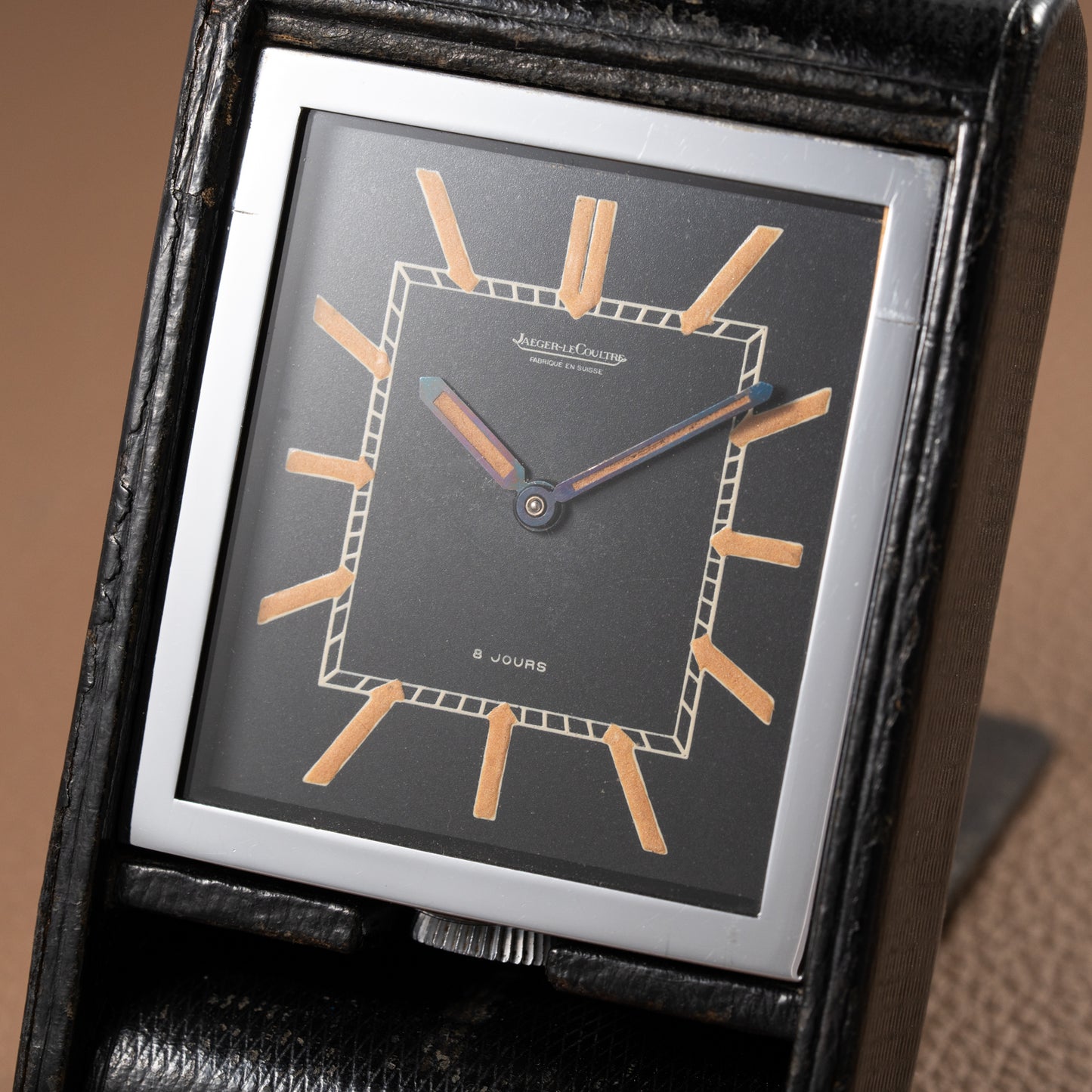 Jaeger LeCoultre Fabriqué en Suisse 8 Jours Travel Clock Black Dial 1940s