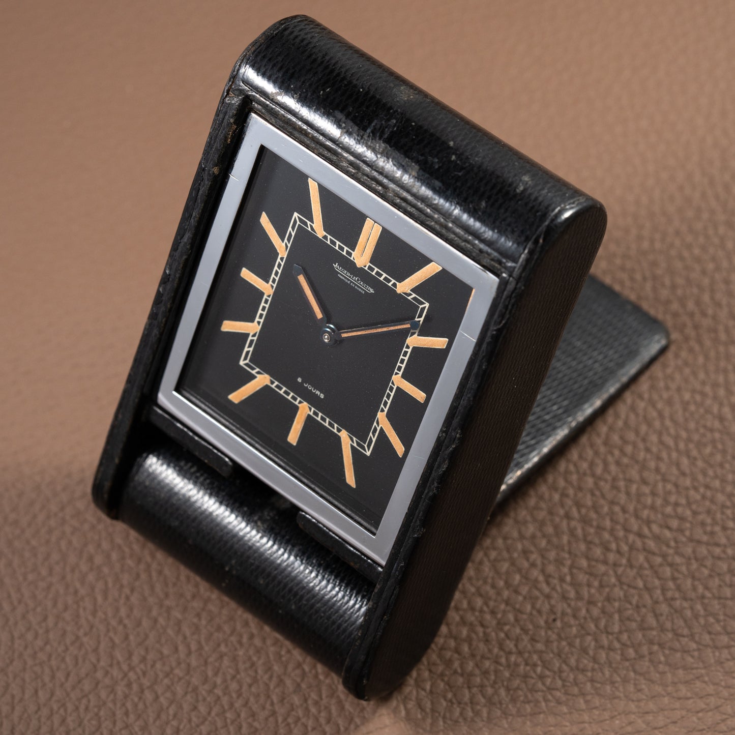 Jaeger LeCoultre Fabriqué en Suisse 8 Jours Travel Clock Black Dial 1940s