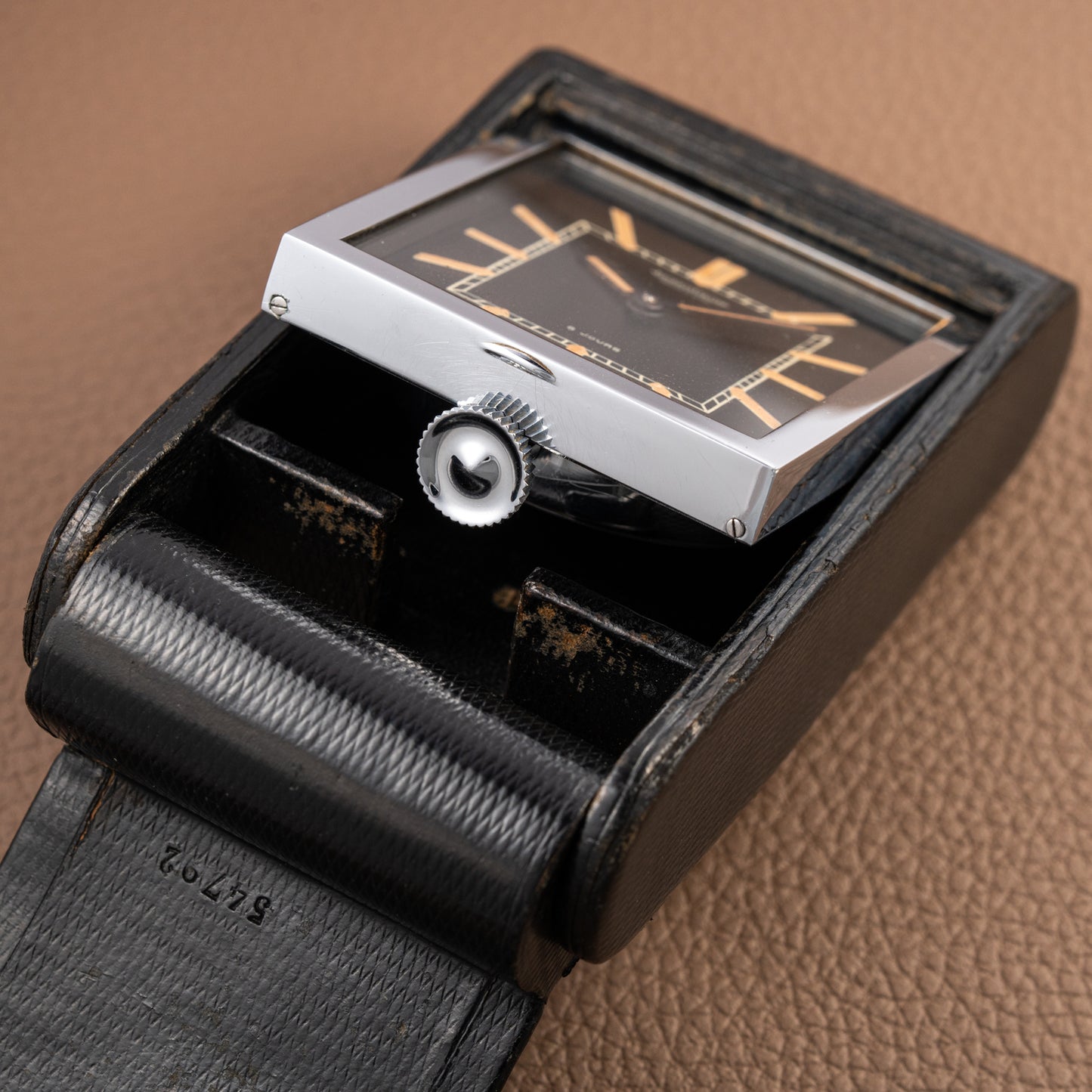 Jaeger LeCoultre Fabriqué en Suisse 8 Jours Travel Clock Black Dial 1940s
