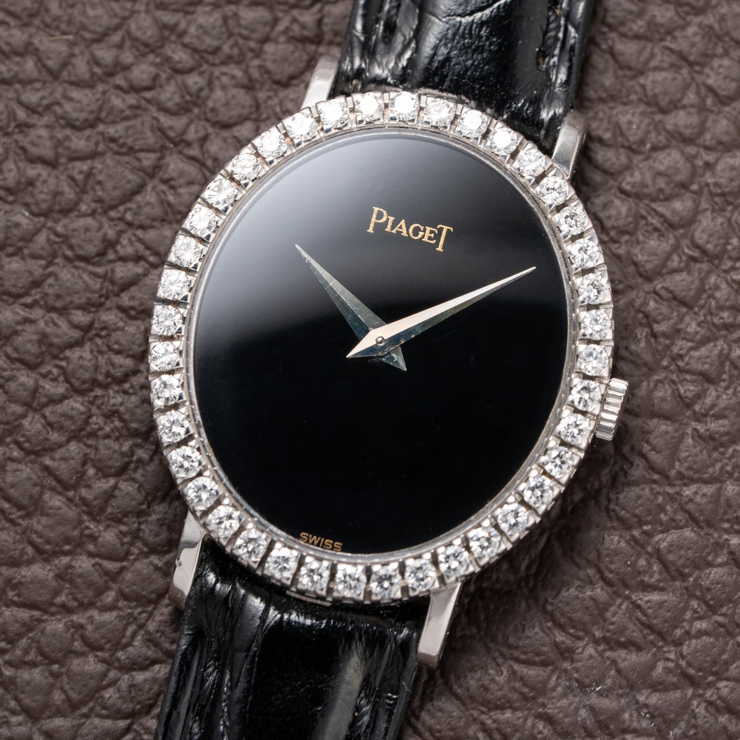 Piaget Oval Ellipse Onyx Black Dial Factory Diamond Bezel 18K White Gold Ref. 9826 from 1970s