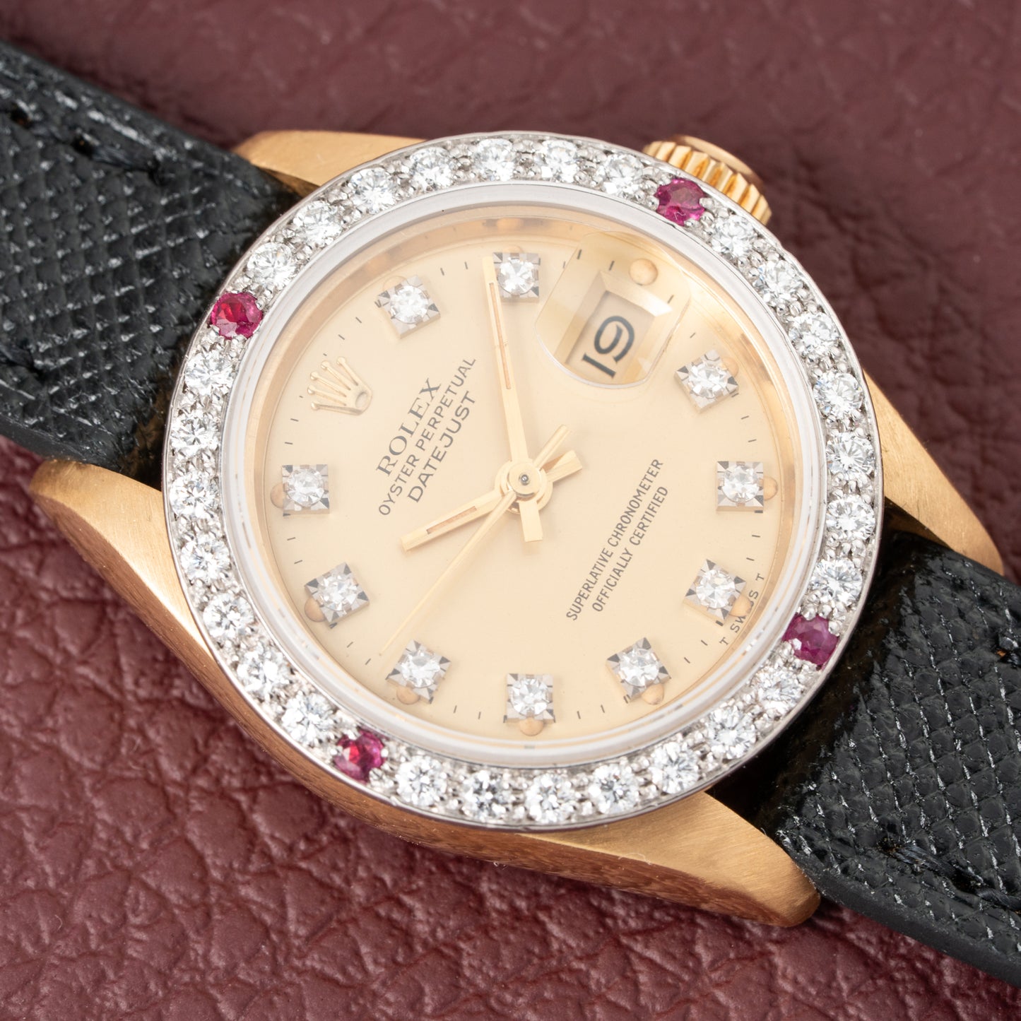 Rolex Datejust 26 Factory Diamond Dial AM Diamond Ruby Bezel 18k Gold Ref 69178 from 1983