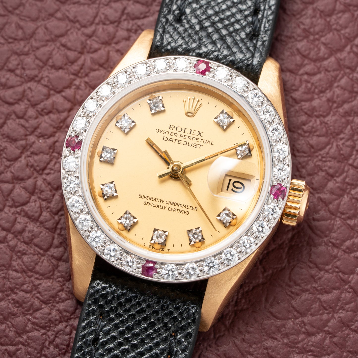 Rolex Datejust 26 Factory Diamond Dial AM Diamond Ruby Bezel 18k Gold Ref 69178 from 1983