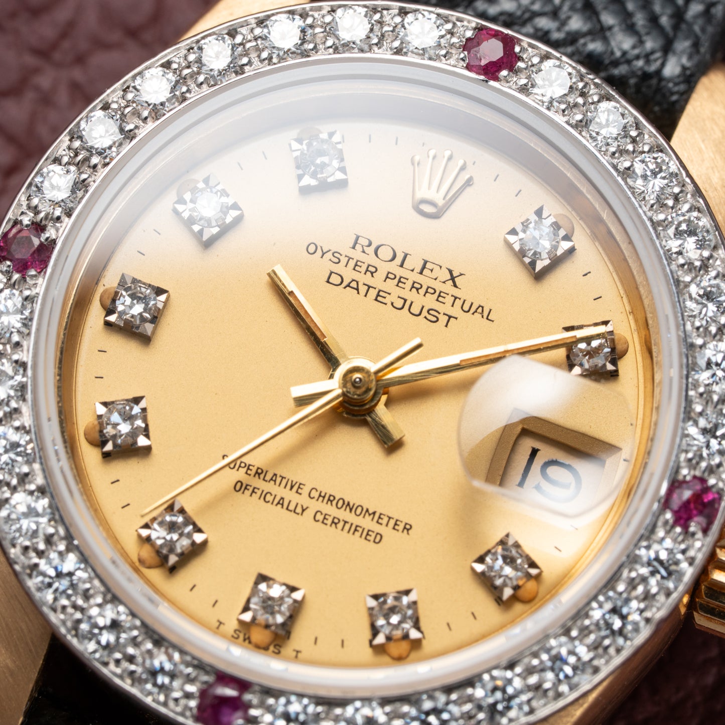 Rolex Datejust 26 Factory Diamond Dial AM Diamond Ruby Bezel 18k Gold Ref 69178 from 1983
