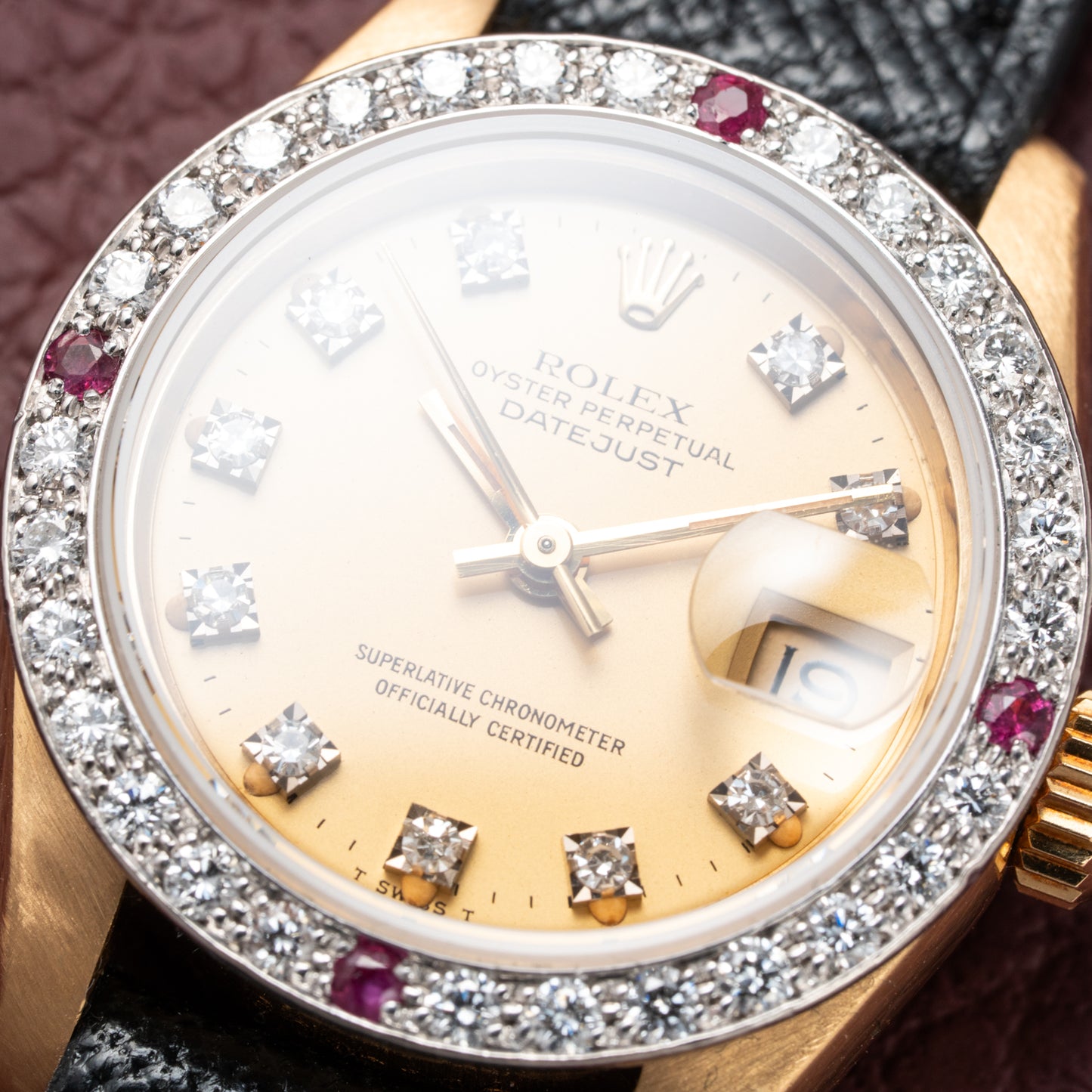 Rolex Datejust 26 Factory Diamond Dial AM Diamond Ruby Bezel 18k Gold Ref 69178 from 1983