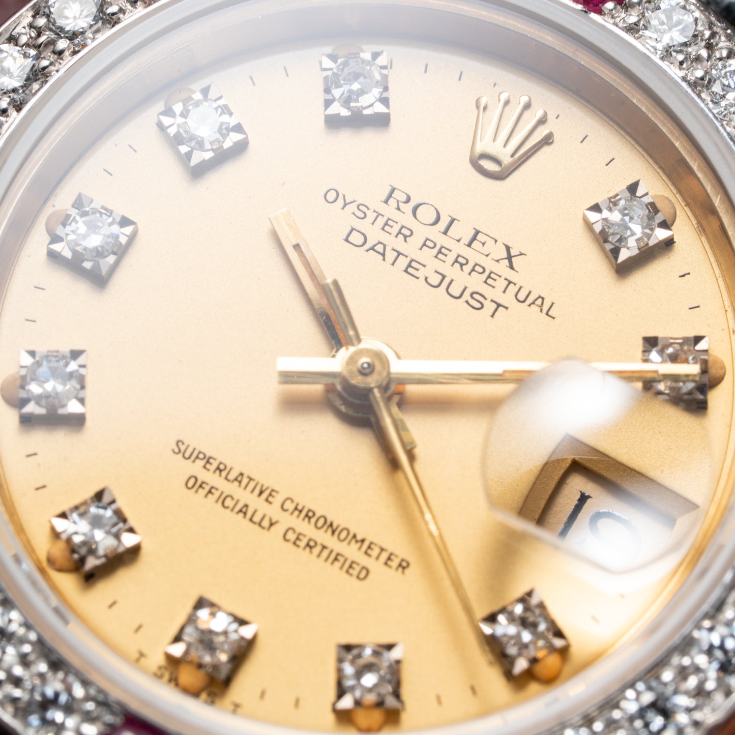 Rolex Datejust 26 Factory Diamond Dial AM Diamond Ruby Bezel 18k Gold Ref 69178 from 1983