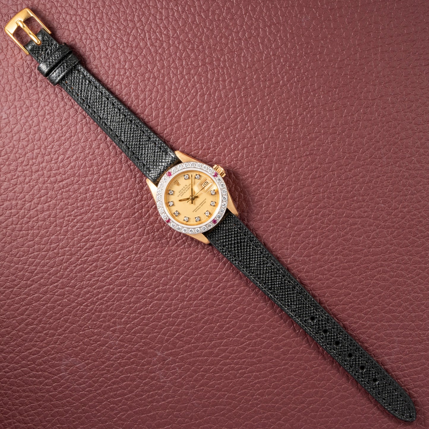 Rolex Datejust 26 Factory Diamond Dial AM Diamond Ruby Bezel 18k Gold Ref 69178 from 1983
