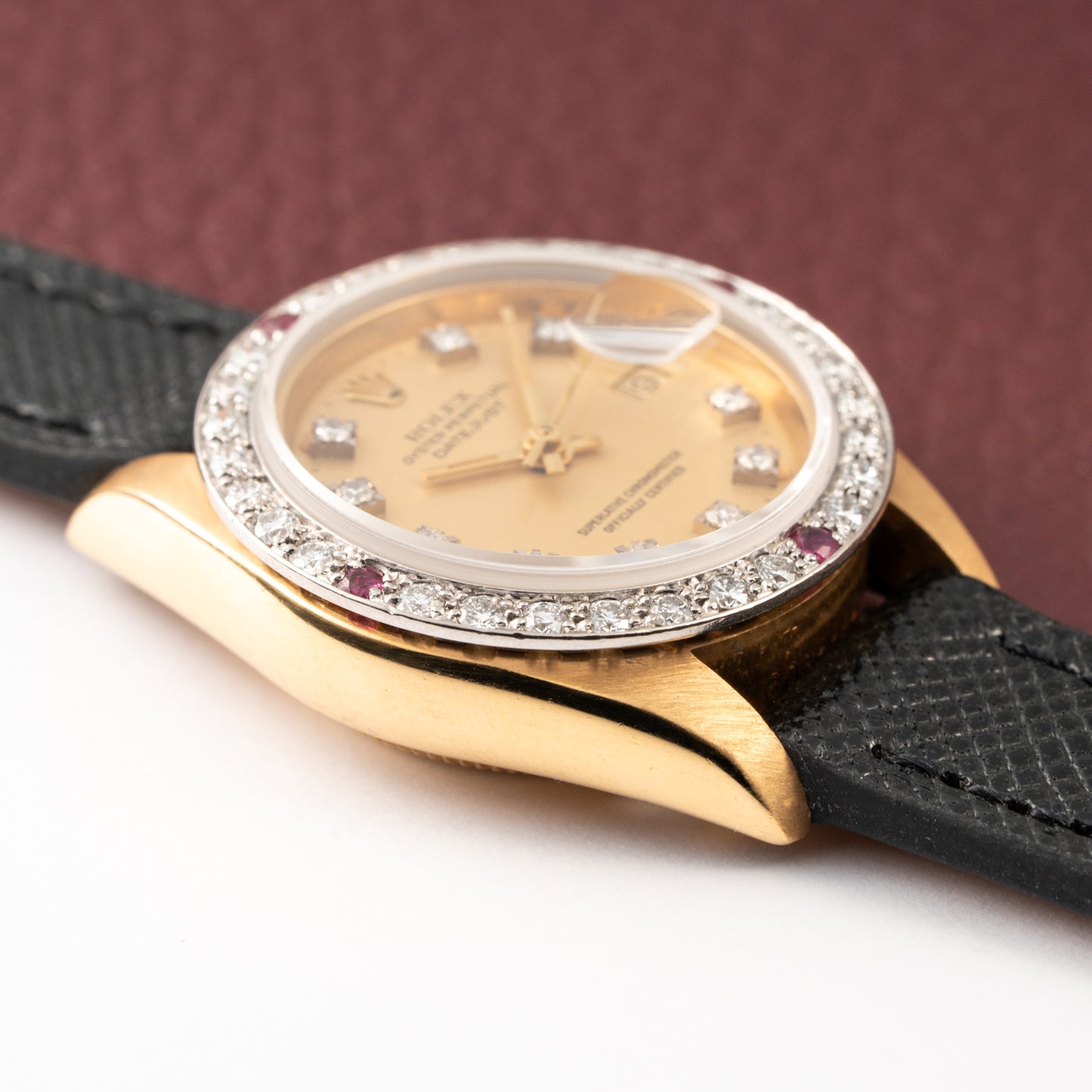 Rolex Datejust 26 Factory Diamond Dial AM Diamond Ruby Bezel 18k Gold Ref 69178 from 1983