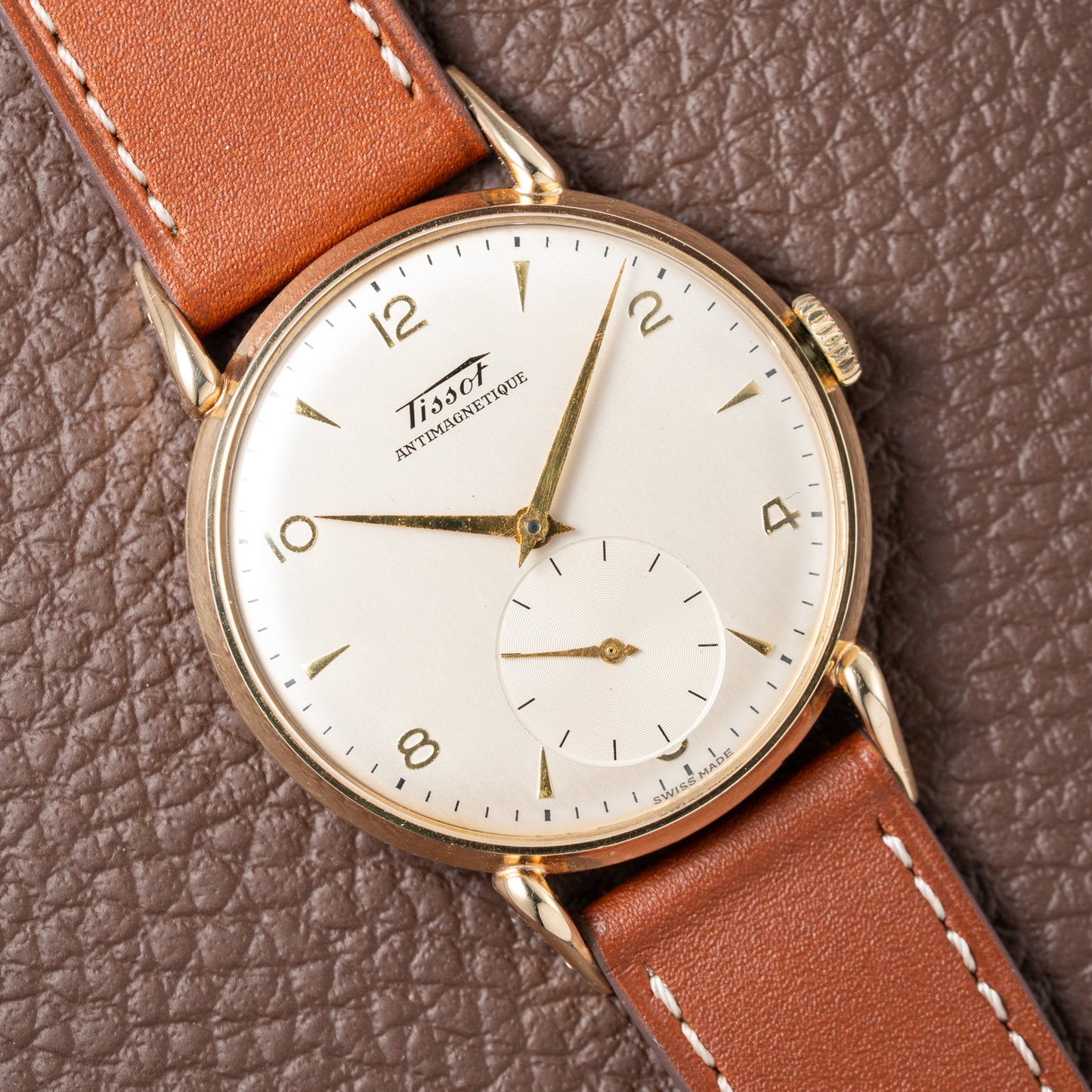 Tissot Antimagnetique Gold 14k Oversized with Tear Drop Lugs from the 1940s