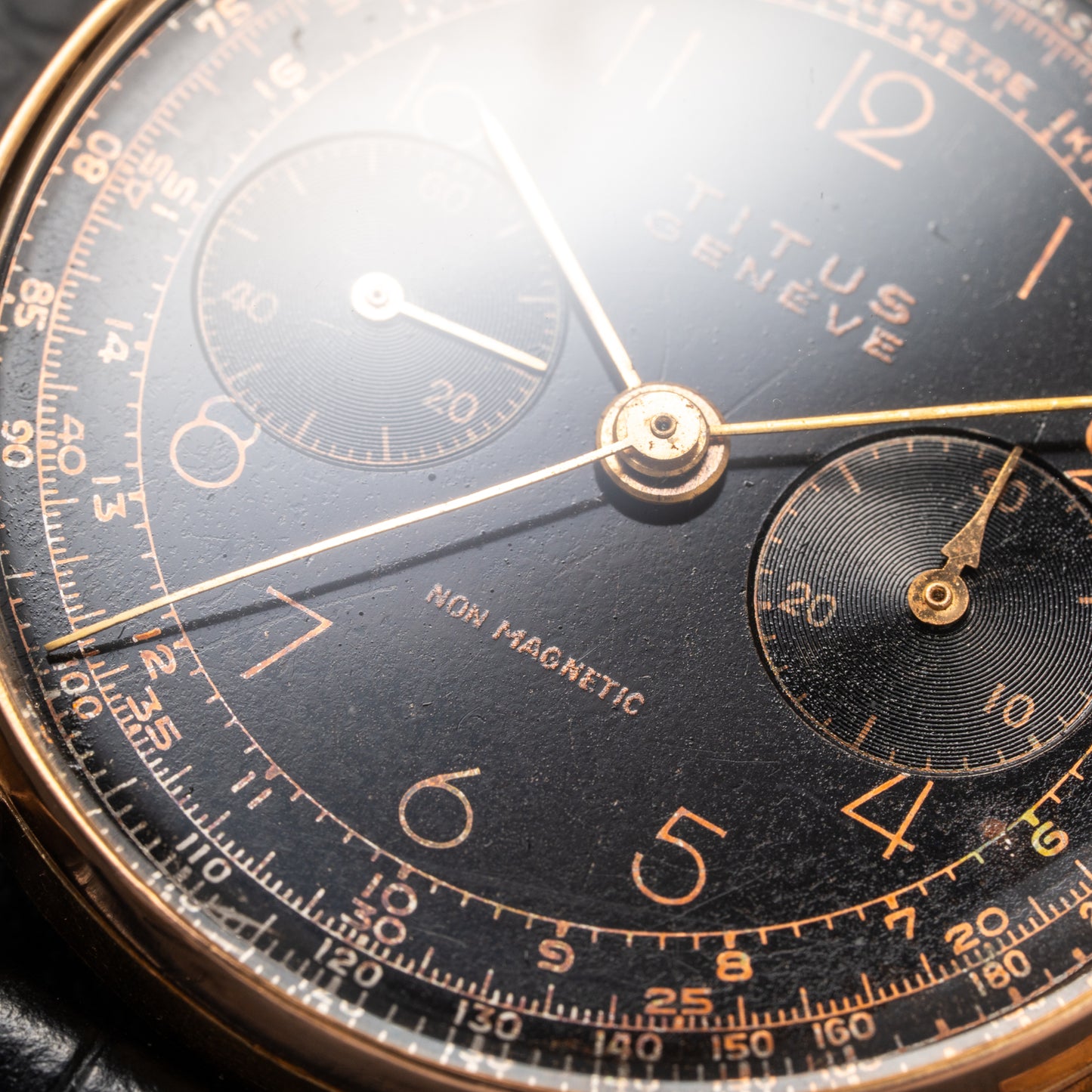 Titus Genève Non Magnetic Black Gilt Dial Rosé Gold 18K Oversized 1940s