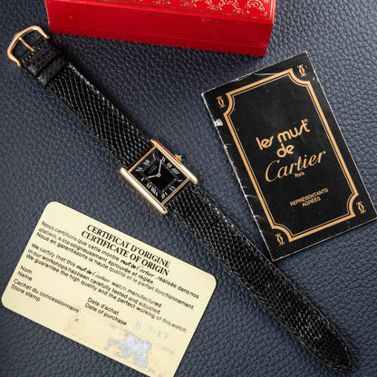 Cartier Must de Tank Vermeil Black Roman GM Full Set from 1987