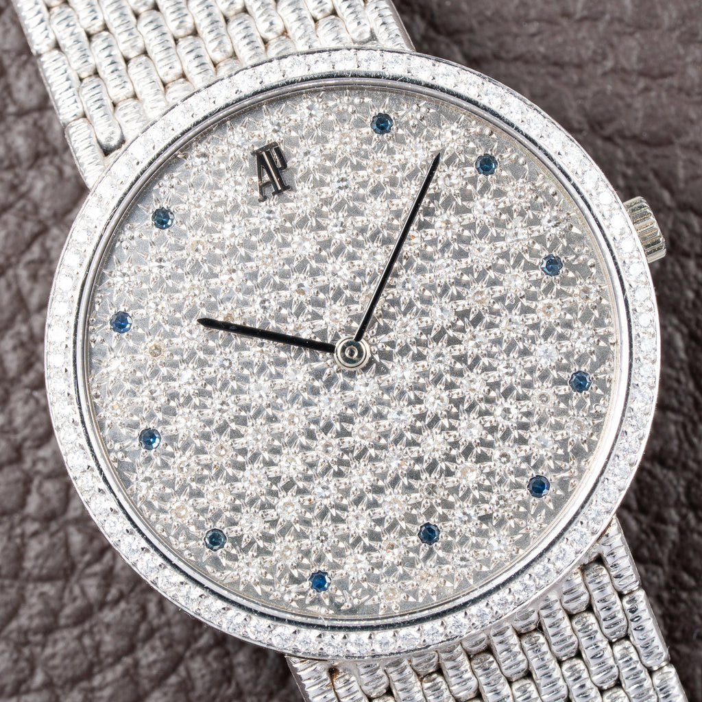 Audemars Piguet Pavé Factory Diamond & Blue Sapphires 18k White Gold Ref 14549BC Circa 1989