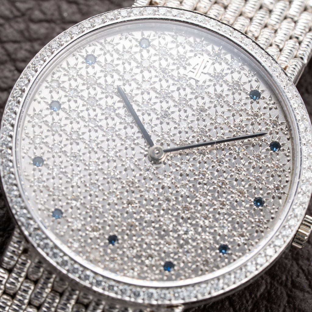 Audemars Piguet Pavé Factory Diamond & Blue Sapphires 18k White Gold Ref 14549BC Circa 1989