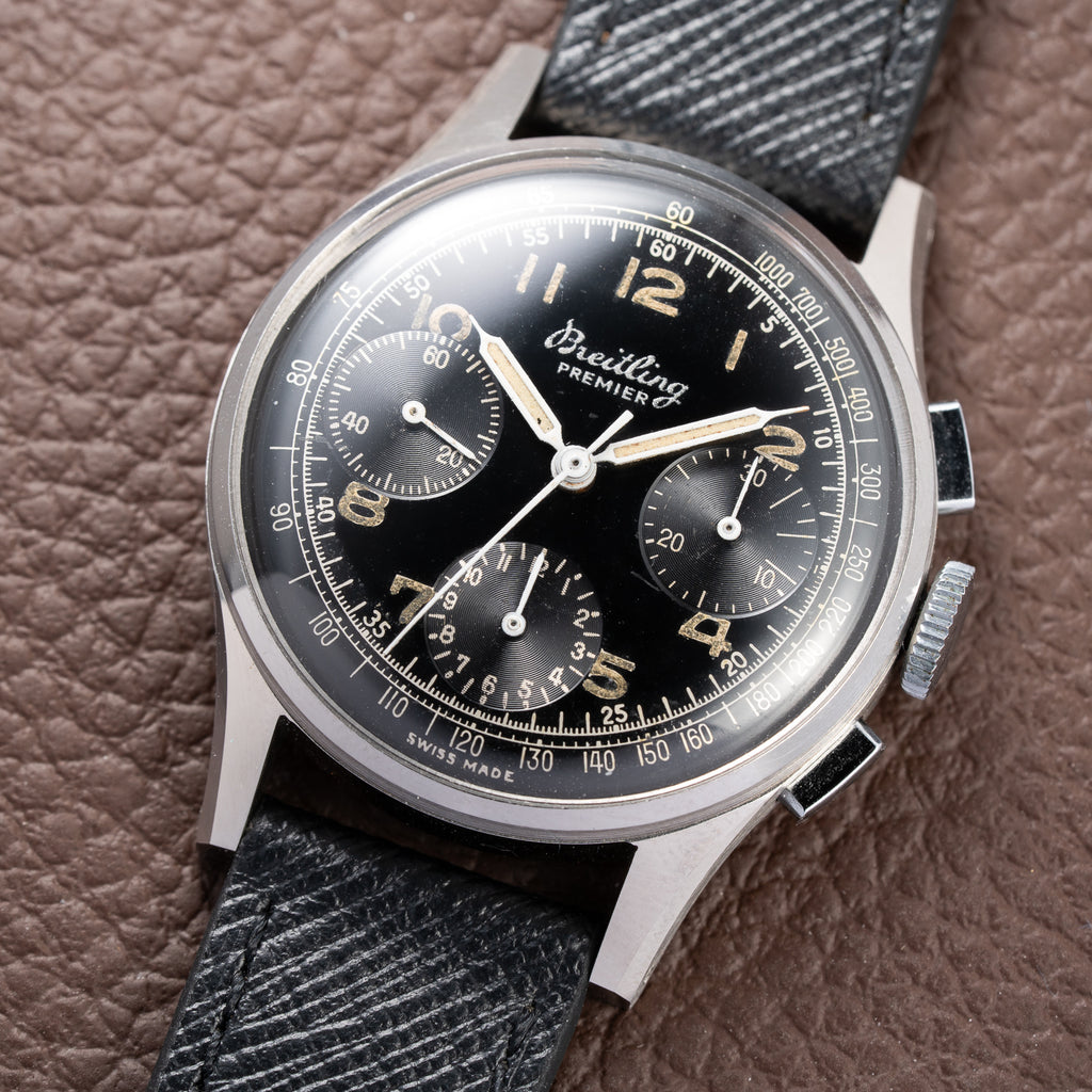 Breitling Premier Unpolished Black Gilt Dial Chronograph Venus 152 Ref 787 from 1940s