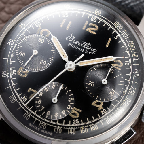 Breitling Premier Unpolished Black Gilt Dial Chronograph Venus 152 Ref 787 from 1940s