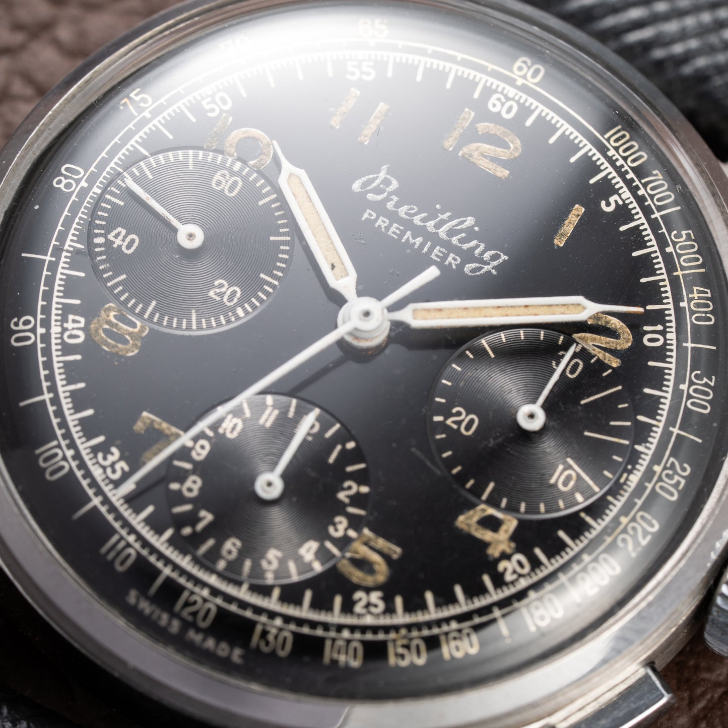 Breitling Premier Unpolished Black Gilt Dial Chronograph Venus 152 Ref 787 from 1940s