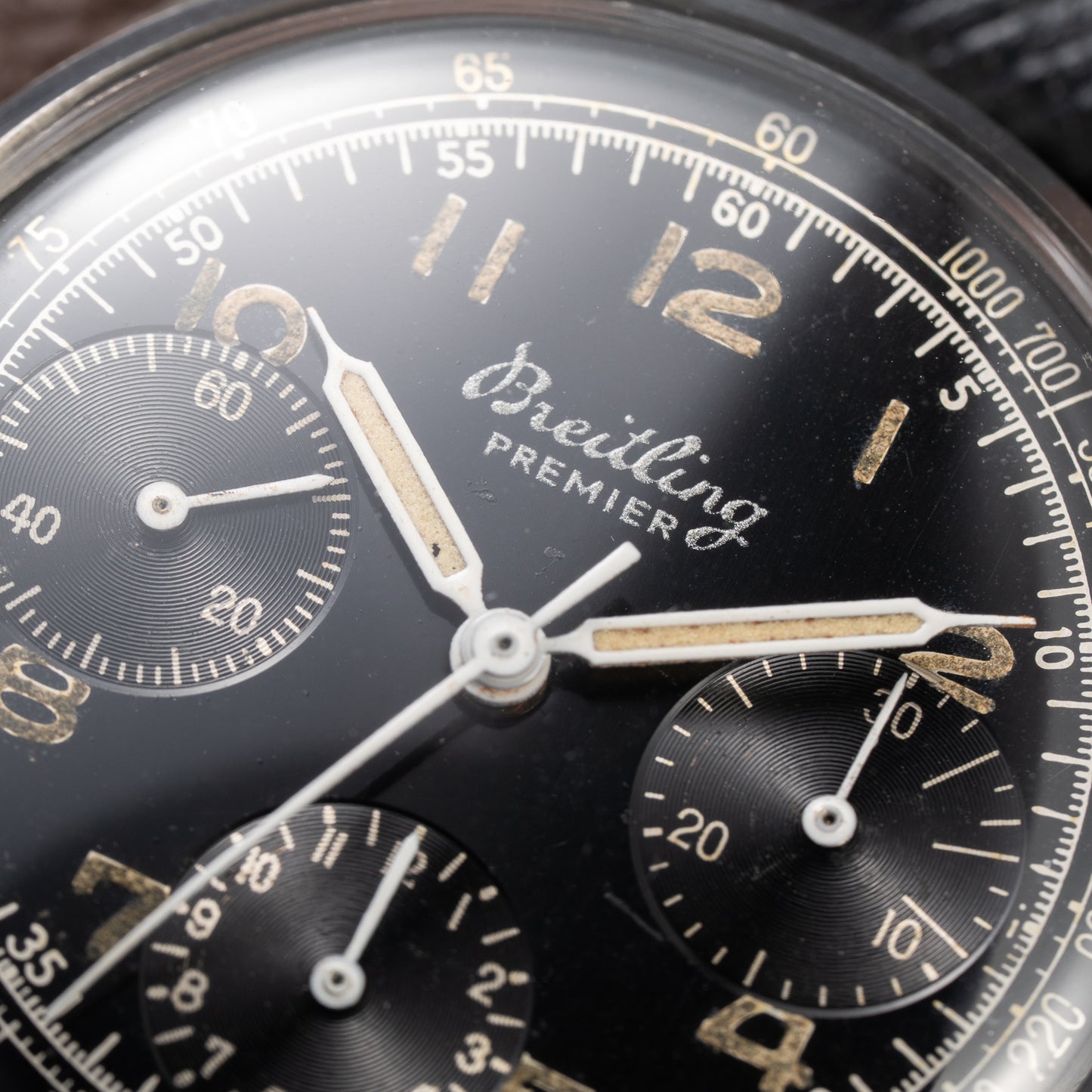 Breitling Premier Unpolished Black Gilt Dial Chronograph Venus 152 Ref 787 from 1940s