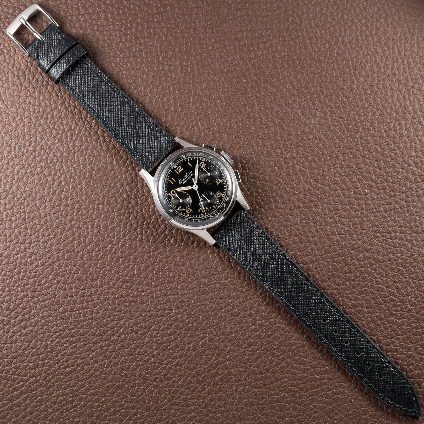 Breitling Premier Unpolished Black Gilt Dial Chronograph Venus 152 Ref 787 from 1940s