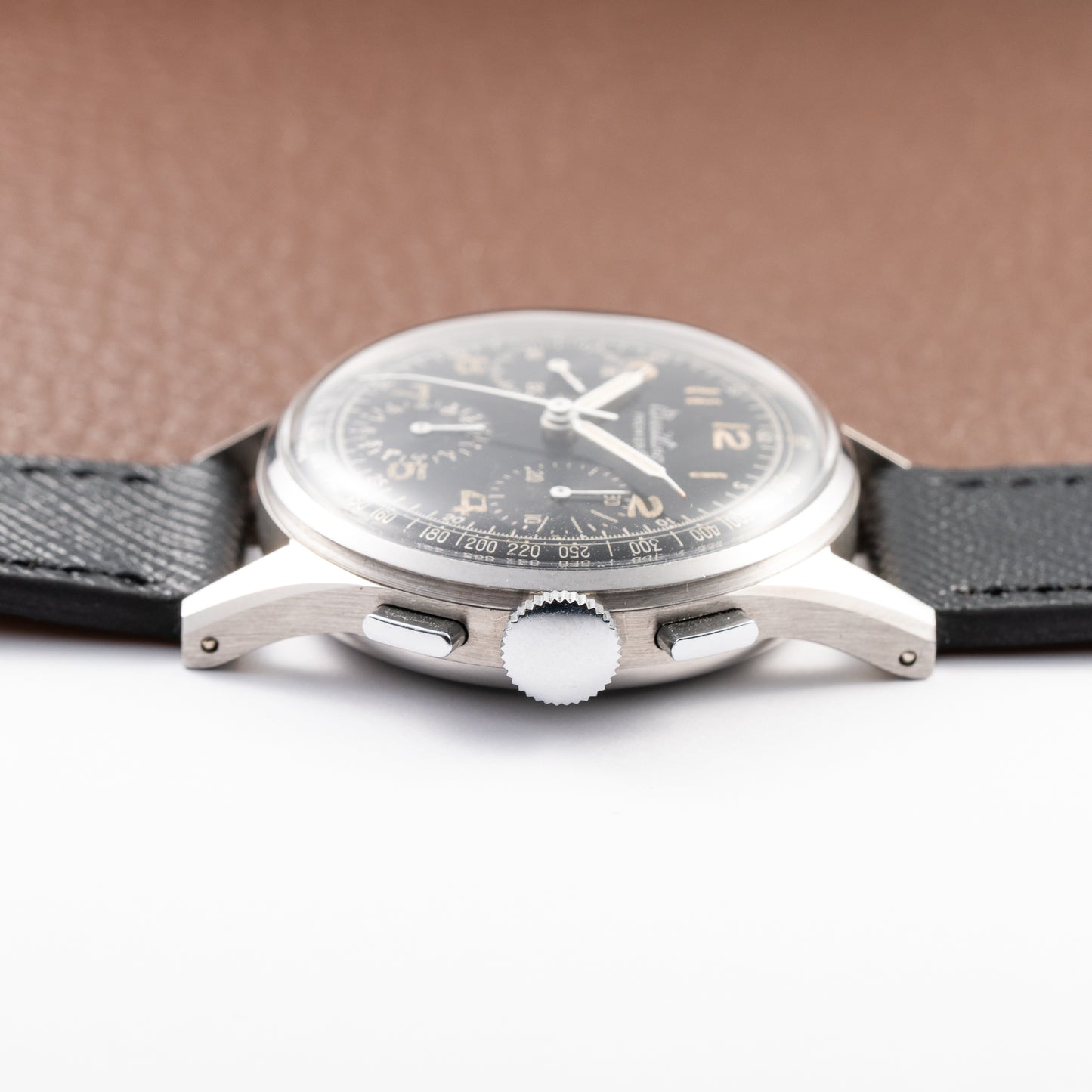 Breitling Premier Unpolished Black Gilt Dial Chronograph Venus 152 Ref 787 from 1940s