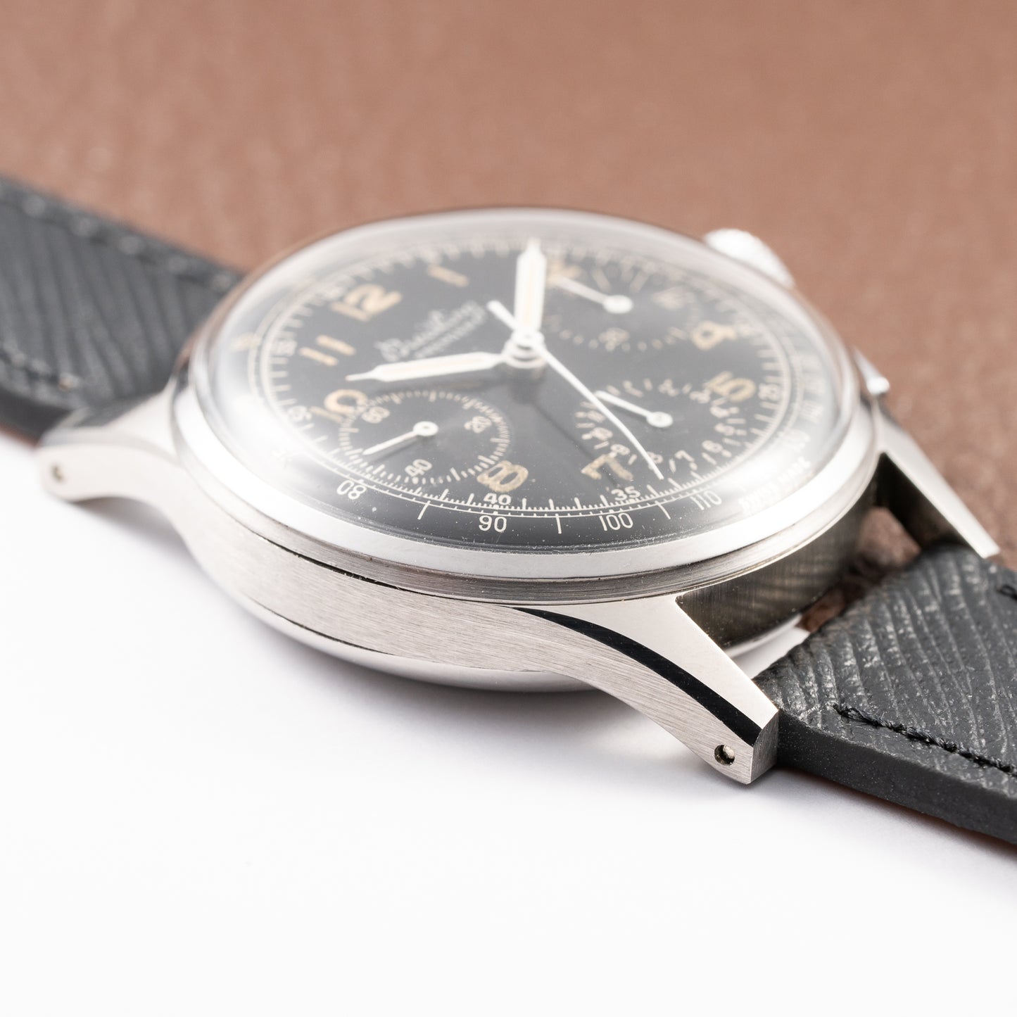 Breitling Premier Unpolished Black Gilt Dial Chronograph Venus 152 Ref 787 from 1940s